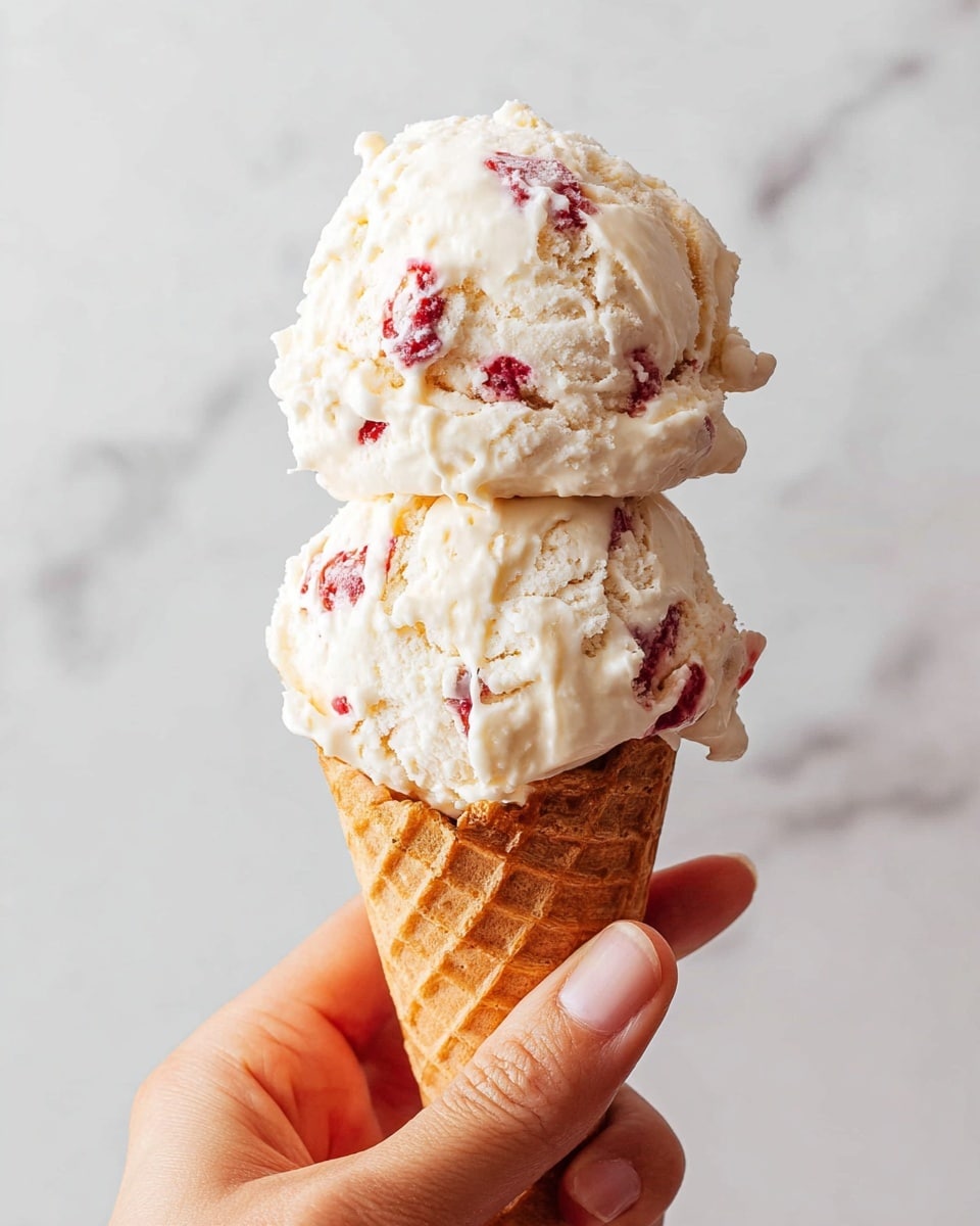 A close-up of a two-layer ice cream cone held by a woman's hand, with a light brown waffle cone at the bottom. The ice cream has two large scoops stacked on top of each other, creamy white with small bright red fruit pieces mixed in, giving a soft, slightly melting texture that drips slightly down the sides. The background is a white marbled texture, showing the ice cream and cone very clearly. Photo taken with an iphone --ar 4:5 --v 7