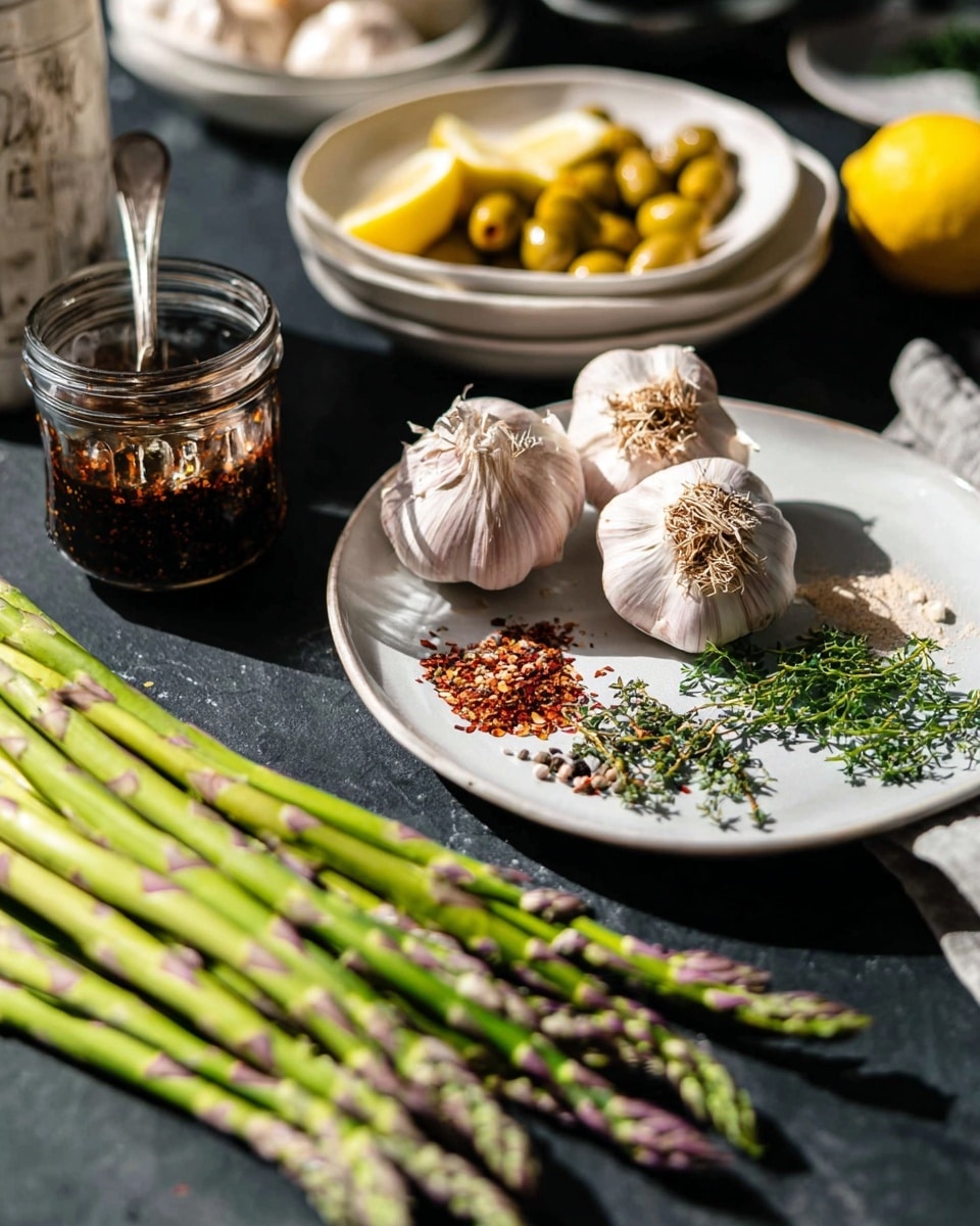 The image shows a bundle of fresh green asparagus with purple tips lying on a black surface, next to a white plate holding three garlic bulbs with green herb sprigs on top. Behind, there is a jar of dark chili oil with a spoon inside, placed in front of a small white plate with assorted spices including red and black pepper flakes and green herb sprigs. In the background, there is a white plate with lemon wedges and a white bowl full of yellowish olives. The setting is lit with bright natural light, creating sharp shadows. photo taken with an iphone --ar 4:5 --v 7