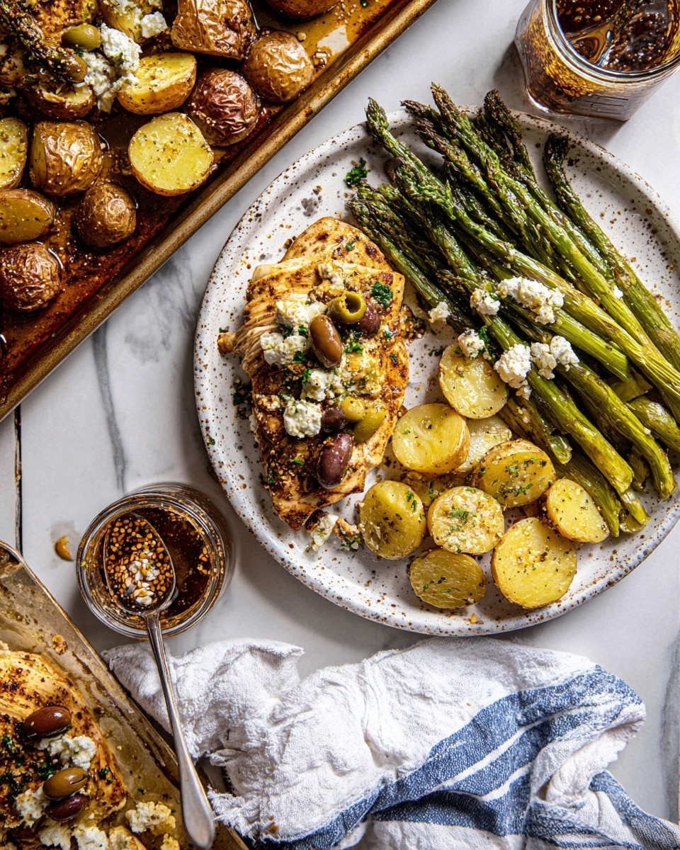 The image shows a white speckled plate with three layers: on the bottom right is a layer of roasted asparagus, long and green with some brown spots; on the top right, there are round, golden roasted potato halves with crisp edges; and in the center-left is a piece of grilled chicken coated with mustard seeds and small bits of herbs, topped with green olives and crumbled white cheese. Around the plate, scattered olives and cheese bits add texture. Next to the plate on a white marbled surface is a baking tray filled with more roasted potatoes, asparagus, chicken, and olives. A jar with a spoon containing a dark sauce with seeds is below the plate, and a white cloth with blue stripes is crumpled nearby. Photo taken with an iphone --ar 4:5 --v 7