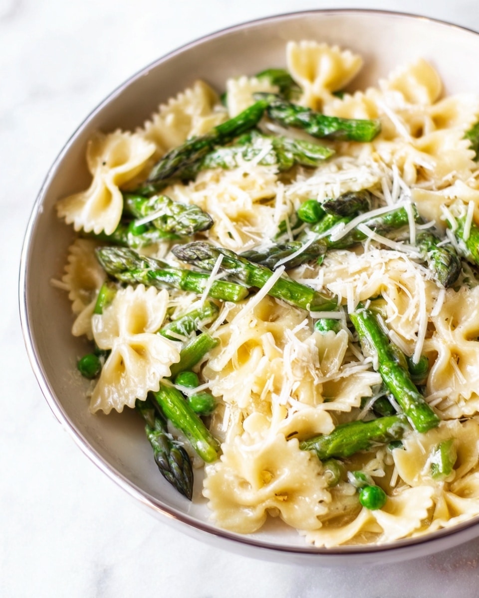 The image shows a close-up of a large ceramic white bowl filled with bow-tie pasta layered with bright green asparagus pieces, mixed evenly throughout. The pasta is light yellow and soft-looking, while the asparagus pieces are firm and freshly cooked. Shredded cheese, some white and some pale yellow, is sprinkled on top, adding texture and a slightly powdery look. The bowl sits on a white marbled textured surface, enhancing the fresh and clean presentation of the dish. photo taken with an iphone --ar 4:5 --v 7