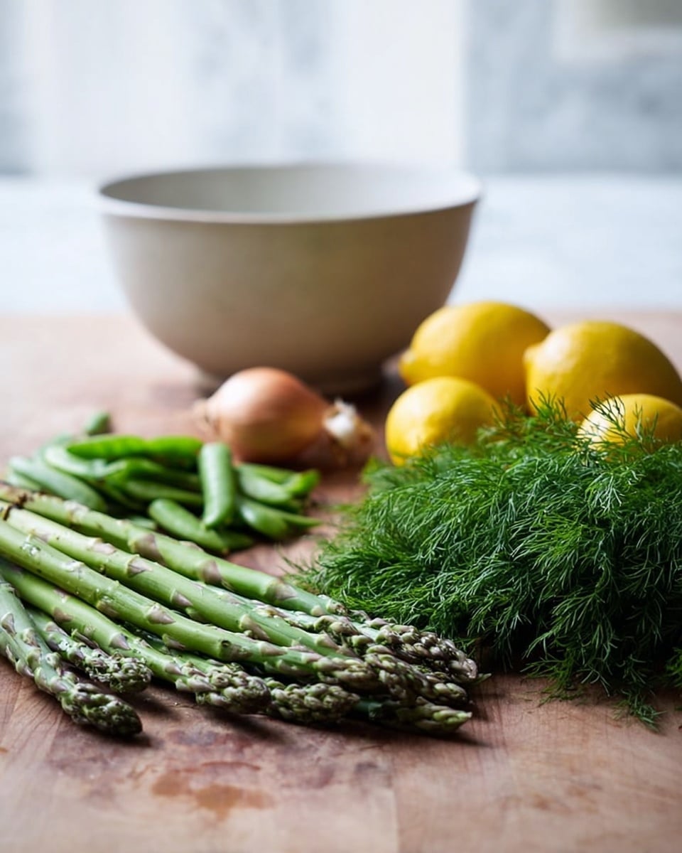 A simple kitchen scene shows a wooden table with fresh green asparagus stalks on the left, next to a small pile of sugar snap peas. To the right, there is a bunch of fresh dill with delicate green, feathery leaves. Further right are three bright yellow lemons and a shallot with light brown skin. Behind these ingredients, there is a plain white bowl, slightly blurred, placed against a soft window light background. The surface is a white marbled texture photo taken with an iphone --ar 4:5 --v 7