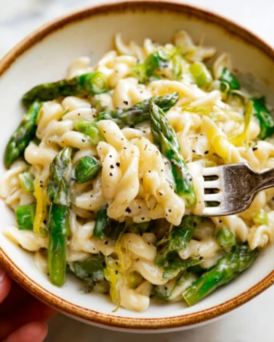 A close-up view of a white bowl filled with a creamy pasta dish. The pasta is short and twisted, pale yellow in color, covered in a smooth white sauce. Bright green pieces of asparagus and small light yellow chunks are mixed throughout. Black pepper bits are sprinkled on top for contrast. A woman's hand holding a fork is partly visible on the right side, lifting some pasta. The bowl sits on a white marbled surface. Photo taken with an iphone --ar 4:5 --v 7