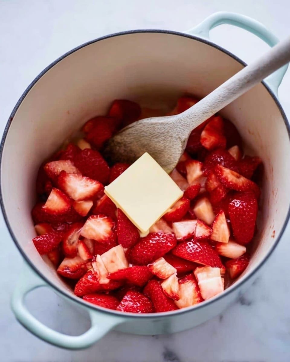 A white pot filled with many small pieces of red strawberries as the base layer. On top in the middle, there is a square piece of pale yellow butter. A wooden spoon with a smooth greyish texture rests on the edge of the pot, partly inside and touching the strawberries. The pot is set on a white marbled surface. photo taken with an iphone --ar 4:5 --v 7