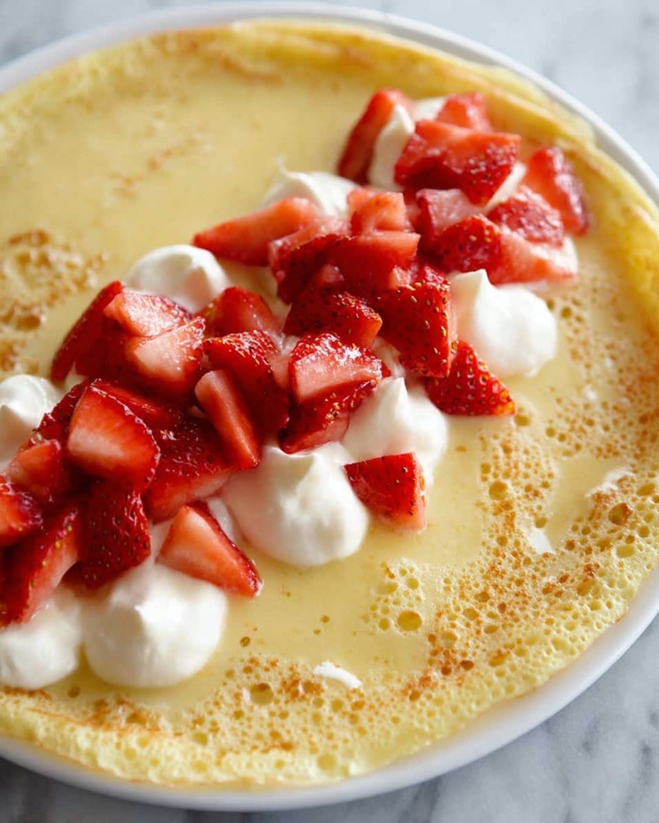 A close-up shot of a thin, light yellow crepe as the base layer, topped with small dollops of white cream arranged in a line across the middle. On top of the cream, there are chopped bright red strawberries, cut into irregular pieces, forming a neat row along the cream. The crepe shows slight bubbles and a soft texture. The dish sits on a white plate, all placed on a white marbled surface. photo taken with an iphone --ar 4:5 --v 7