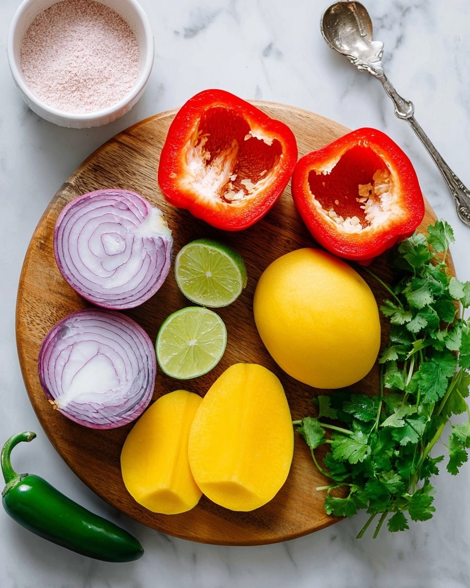 The image shows a round wooden board on a white marbled surface, holding fresh ingredients arranged neatly. There are two halves of a red bell pepper placed at the top of the board, with their hollow interiors and seeds visible. Below them, two halves of a lime with light green flesh sit side by side. To the left, a halved purple onion with visible layers is placed partly off the board, while a peeled whole yellow mango and two mango halves with smooth yellow flesh occupy the lower center and right. Fresh green cilantro leaves add a bright touch to the right side. A whole green jalapeño lies at the bottom left of the frame, just outside the board. In the top left corner, a white bowl filled with a pink powder substance and a metal spoon is visible. The whole setup has a bright and clean look. photo taken with an iphone --ar 4:5 --v 7