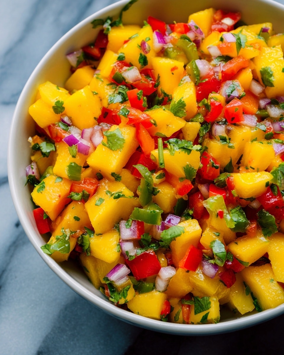 This image shows a close-up of a fruit salsa in a white bowl, sitting on a white marbled surface. The salsa has many small pieces and bright colors: there are yellow mango chunks, red bell pepper cubes, small green jalapeño pieces, finely chopped red onion bits, and sprinkled green cilantro leaves all mixed together. The textures look fresh and juicy, with the mango pieces looking soft and the red bell pepper pieces firm. The background is mostly filled with the salsa, giving a vibrant and colorful feel. photo taken with an iphone --ar 4:5 --v 7