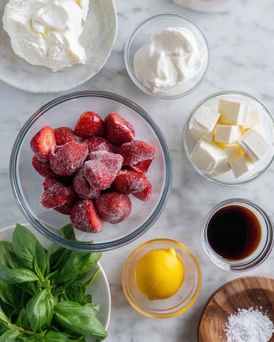 The image shows several clear glass bowls arranged on a white marbled surface. The largest bowl in the center is filled with frozen red strawberries covered with a thin layer of frost. Surrounding this bowl are smaller bowls containing different ingredients: one with white cream, another with white cubes of cheese, a bright yellow lemon, a small bowl of dark brown liquid, and a small bowl of golden honey. To the left, there is a small white plate with fresh green basil leaves. A round wooden dish with coarse salt is partially visible at the bottom right. The overall scene is bright and clean, with a soft light highlighting the freshness of the ingredients. photo taken with an iphone --ar 4:5 --v 7