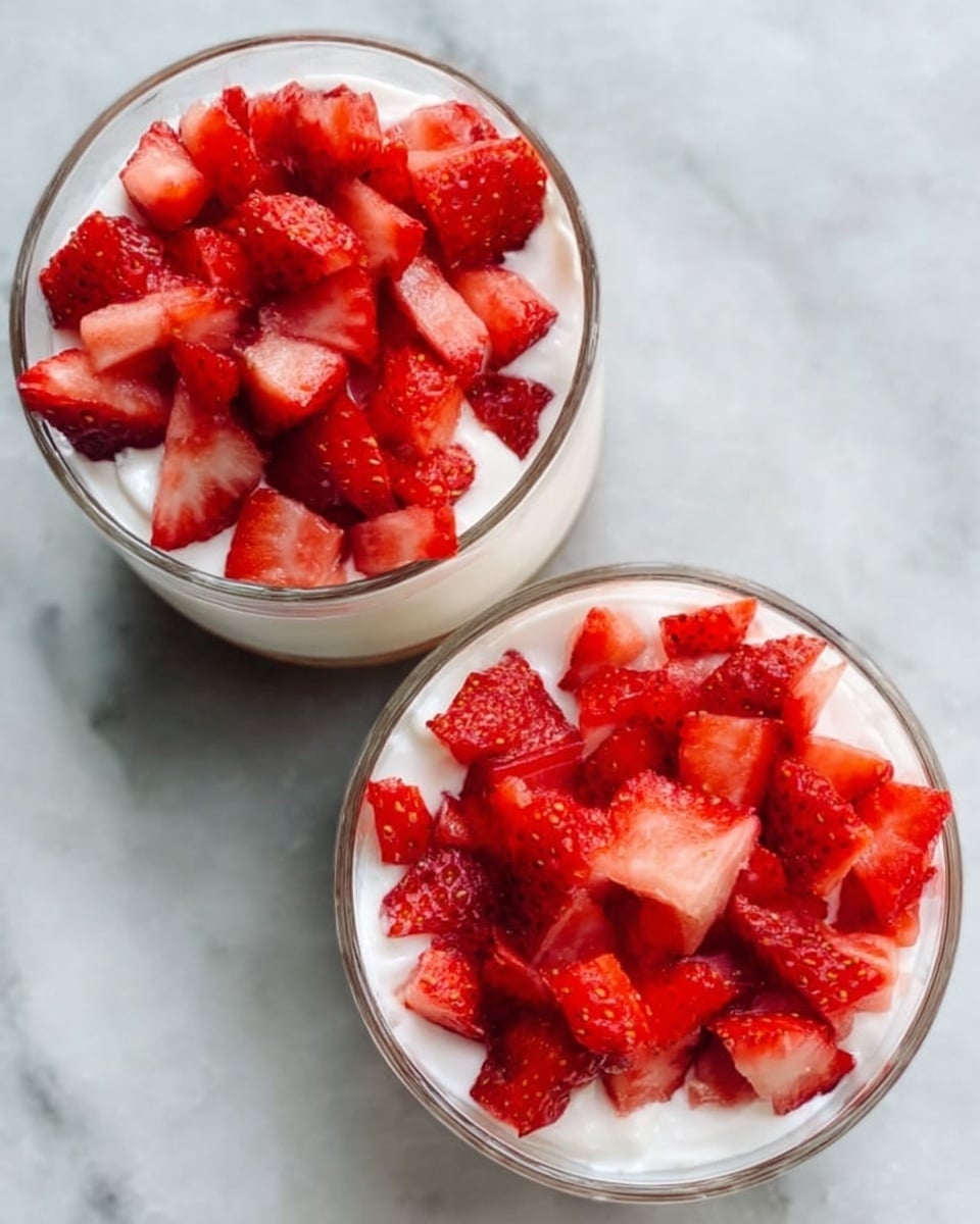 Two clear glass bowls are filled with white creamy yogurt at the bottom, topped with bright red diced strawberries. The strawberries cover the yogurt fully, showing their fresh and juicy texture. The bowls are placed on a white marbled surface. The photo is taken from above, capturing the fresh colors and simple layers. Photo taken with an iphone --ar 4:5 --v 7