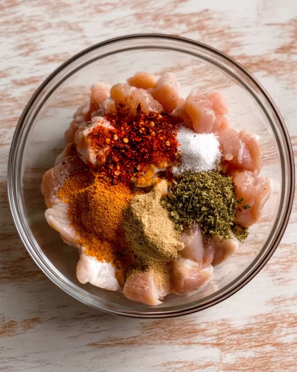 A clear glass bowl sits on a white marbled surface filled with chunks of light pink raw chicken, arranged unevenly inside. On top of the chicken, there are different piles of spices and powders: bright red chili flakes in one spot, green dried herbs in two places, off-white salt scattered in two separate small mounds, a heap of brownish-yellow powder near the bottom, a ring of orange-red powder, and a dusting of green powder toward the top center. The colors contrast sharply against the light pink chicken pieces, creating a colorful mix in the bowl photo taken with an iphone --ar 4:5 --v 7