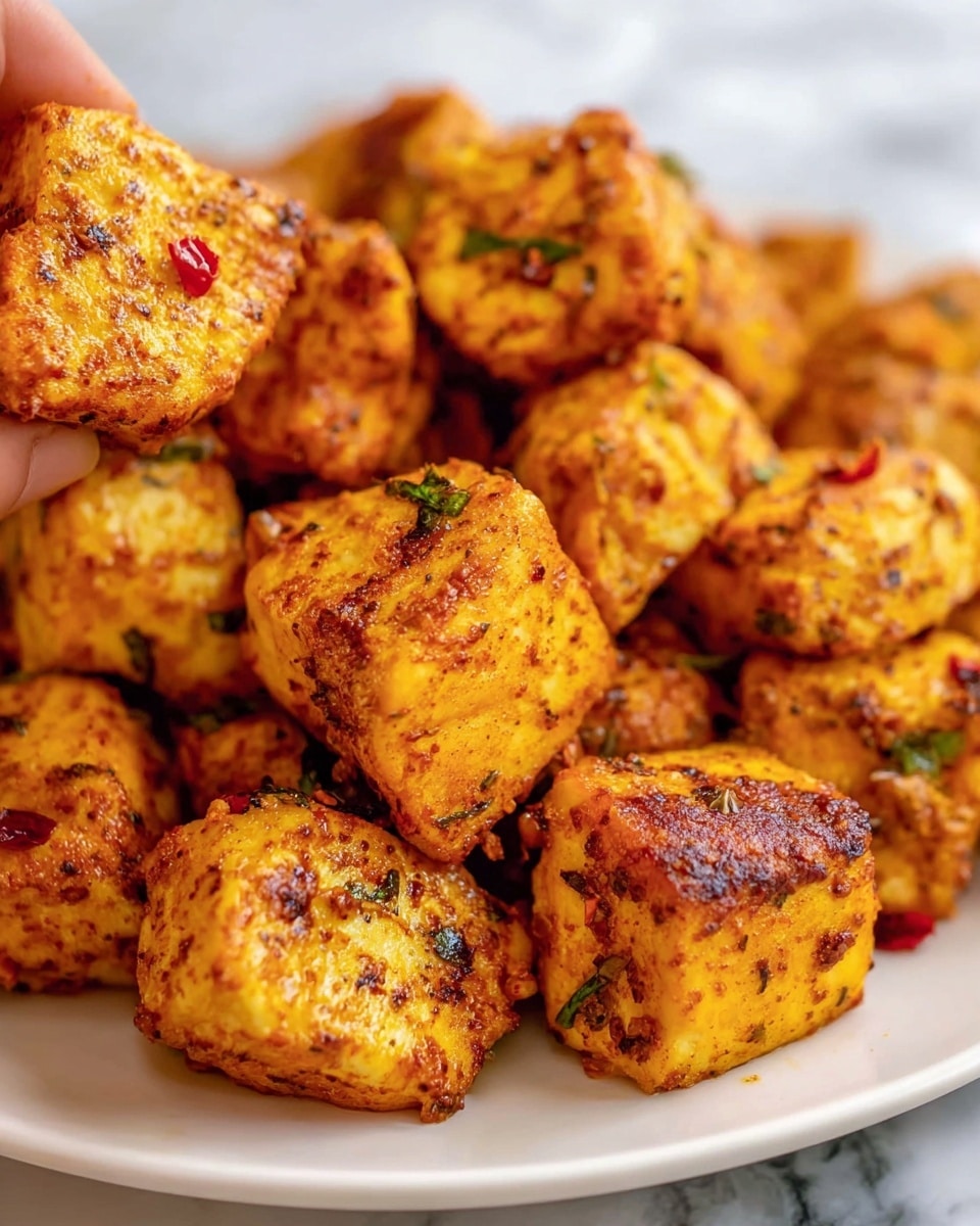 The image shows many golden-brown pieces of spiced chicken stacked closely together on a white plate. Each piece is roughly cubic with a crispy, seasoned outside, showing different shades of yellow and orange with some darker spots from the cooking. Small bits of herbs and red chili flakes are visible on the surface of the chicken, adding a textured look. The background is a white marble surface, and a woman's hand is gently holding one piece up on the left edge of the frame. photo taken with an iphone --ar 4:5 --v 7
