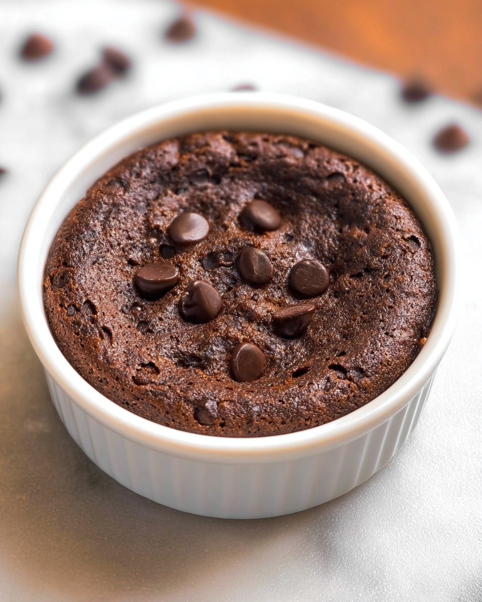 A single round chocolate brownie with a rich dark brown color sits in a white round ramekin. The brownie has a slightly cracked and textured surface, dotted with several glossy, melted chocolate chips scattered evenly on top. The white ramekin contrasts with the dark chocolate and is placed on a white marbled table. The lighting highlights the soft and moist texture of the brownie in a close-up view photo taken with an iphone --ar 4:5 --v 7
