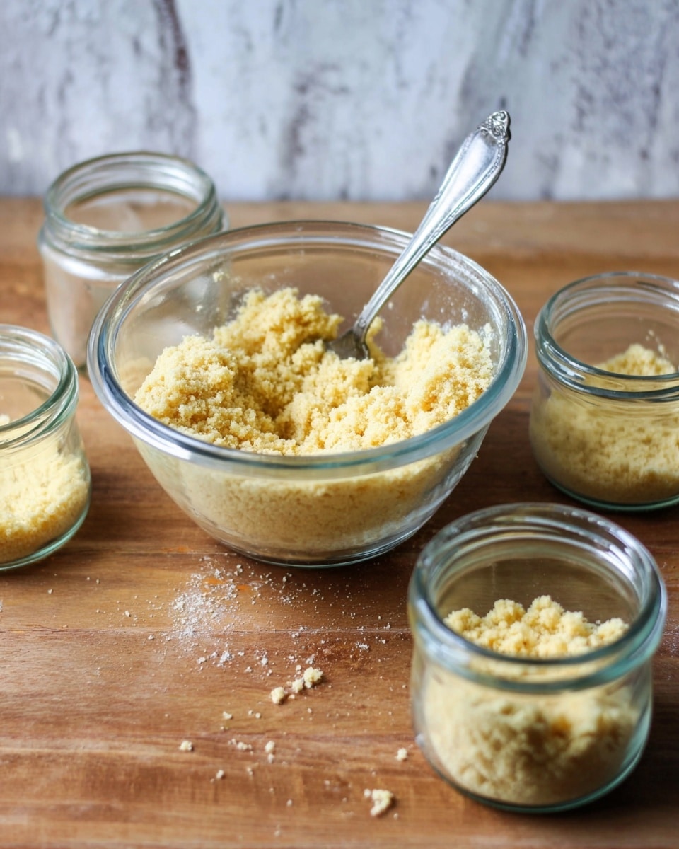 A clear glass bowl filled with a crumbly, light yellow mixture is placed on a wooden surface with a white marbled texture behind it. Inside the bowl, a silver spoon stands upright, partially buried in the mixture. Surrounding the bowl are four small clear glass jars, each filled partly with the same crumbly mixture. The jars show a rough, uneven texture of the mixture, and the scene is lit naturally. Photo taken with an iphone --ar 4:5 --v 7