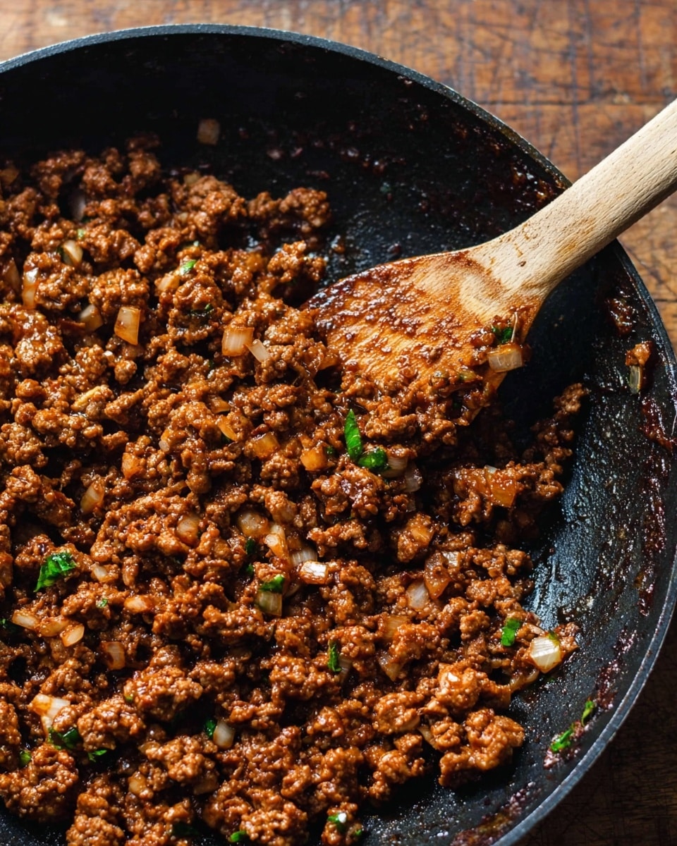 A close-up view of cooked ground meat mixed with small chopped onions and green herbs in a black pan. The meat is rich brown with a shiny texture from the sauce coating each piece. The pan shows some blackened spots and a wooden spoon resting on the meat, partly covered with the sauce. The background is a worn wooden surface. photo taken with an iphone --ar 4:5 --v 7