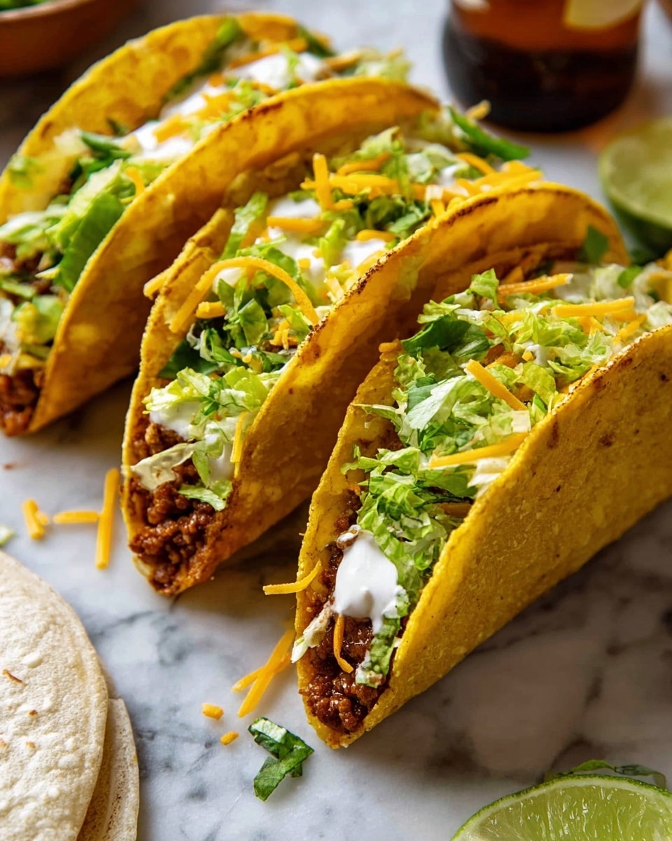 Three tacos are lined up on a white marbled surface, each with a yellow corn shell inside a soft white flour tortilla shell. The bottom layer inside each taco is browned seasoned ground meat topped with a layer of white creamy sauce. Above the sauce is a fresh green shredded lettuce layer, garnished with small amounts of shredded yellow cheese. To the side, there is a lime wedge and a partially visible brown bottle. In the foreground, part of a soft white flour tortilla wrap is visible. Photo taken with an iphone --ar 4:5 --v 7
