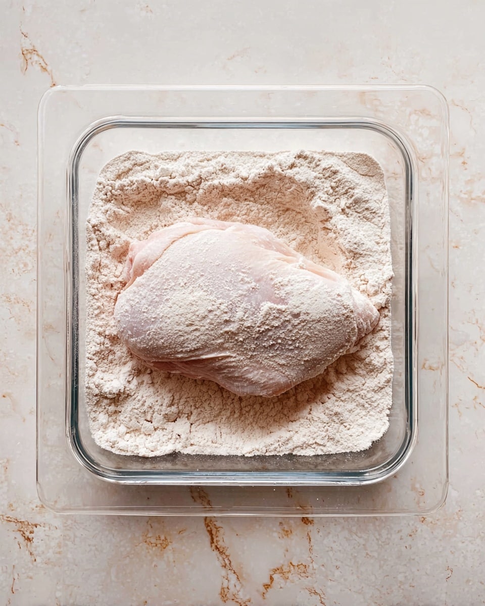 A large piece of raw chicken lies in the middle of a clear rectangular glass container, fully covered in a powdery light beige flour mixture that has a slightly pink tint. The chicken is thick and smooth, sitting on a bed of the same flour mix which surrounds it on all sides inside the container. The surface beneath the container has a white marbled texture with soft brown and grey veins. The image is bright with even lighting and no shadows, showing a close top-down view of the chicken and flour inside the container. photo taken with an iphone --ar 4:5 --v 7