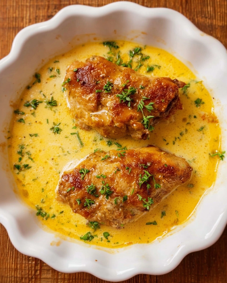 The image shows two golden brown cooked pieces of meat sitting in a yellowish creamy sauce with small green herb leaves scattered on top and around the meat. The meat pieces have a slightly crispy texture and are placed in a white round dish with scalloped edges. The sauce looks smooth and rich, filling the dish around the meat, and the dish is set on a wooden surface. Photo taken with an iphone --ar 4:5 --v 7
