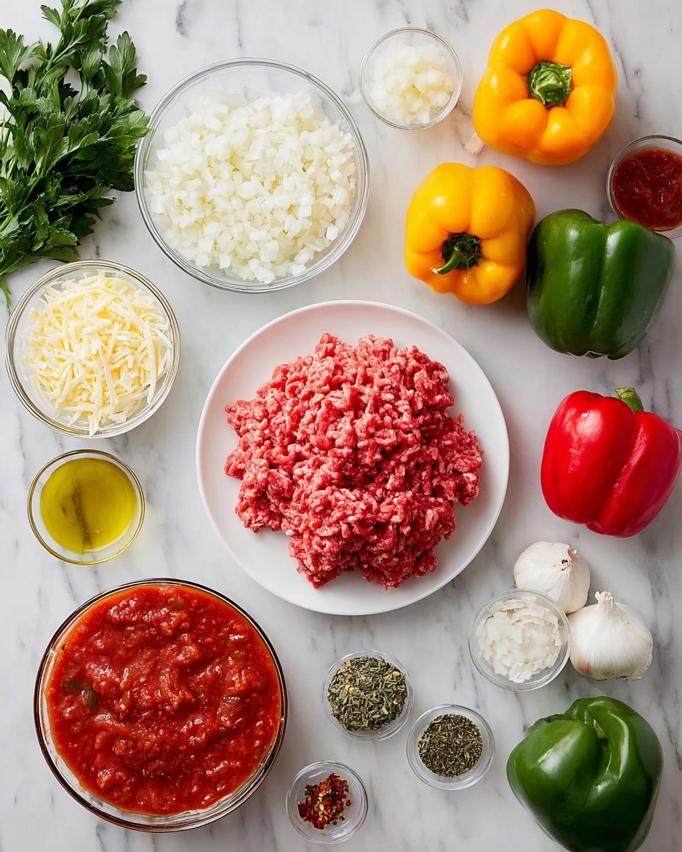 The image shows several ingredients arranged neatly on a white marbled surface. In the center is a white plate filled with a mound of raw ground meat, bright red in color and crumbly in texture. Surrounding it are different bowls and vegetables: a small glass bowl with finely chopped white onions, another with shredded cheese, and a larger glass bowl filled with rich red tomato sauce with chunks. There is also a round glass bowl of cooked white rice. Several whole bell peppers in green, red, and yellow colors are placed nearby, along with a bunch of fresh green parsley. Small glass bowls hold olive oil, minced garlic, tomato paste, chili flakes, and dried herbs, each showing distinct textures and colors. The whole setup is clean and colorful, with everything spaced evenly. Photo taken with an iphone --ar 4:5 --v 7