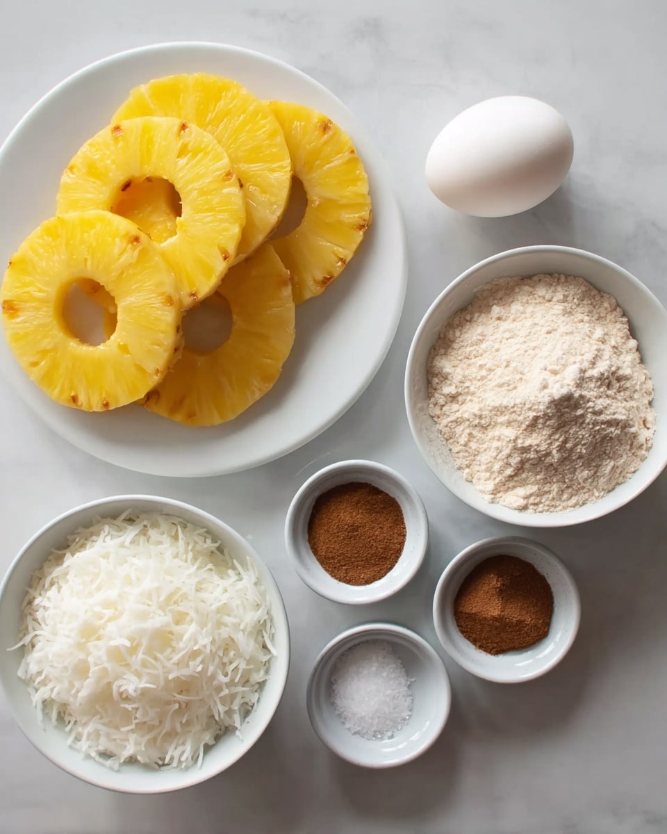 The image shows a simple arrangement of ingredients on a white marbled surface, including a white plate with seven bright yellow pineapple rings stacked slightly overlapping each other, a white bowl filled with shredded white coconut, a whole white egg, and two small white containers with ground cinnamon and ground nutmeg labeled clearly. Next to these is a small white bowl filled with a light brown powder that looks like flour. All the items are spaced evenly and lit with natural light, creating a clean and fresh look. photo taken with an iphone --ar 4:5 --v 7