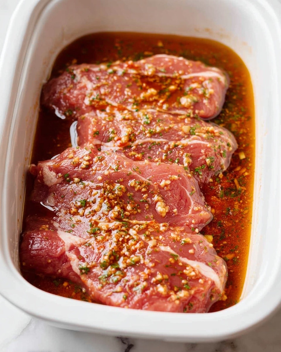 A white baking dish holds three pieces of raw meat submerged in a thick sauce. The meat is pink with visible fat lines, and the sauce around it is reddish-brown with small bits of minced garlic and green herbs spread evenly on the meat and in the sauce. The pieces are laid flat and close to each other, and the sauce covers most of the meat, making it look moist and ready for cooking. The white baking dish contrasts with the color of the sauce and meat, sitting on a white marbled surface. photo taken with an iphone --ar 4:5 --v 7