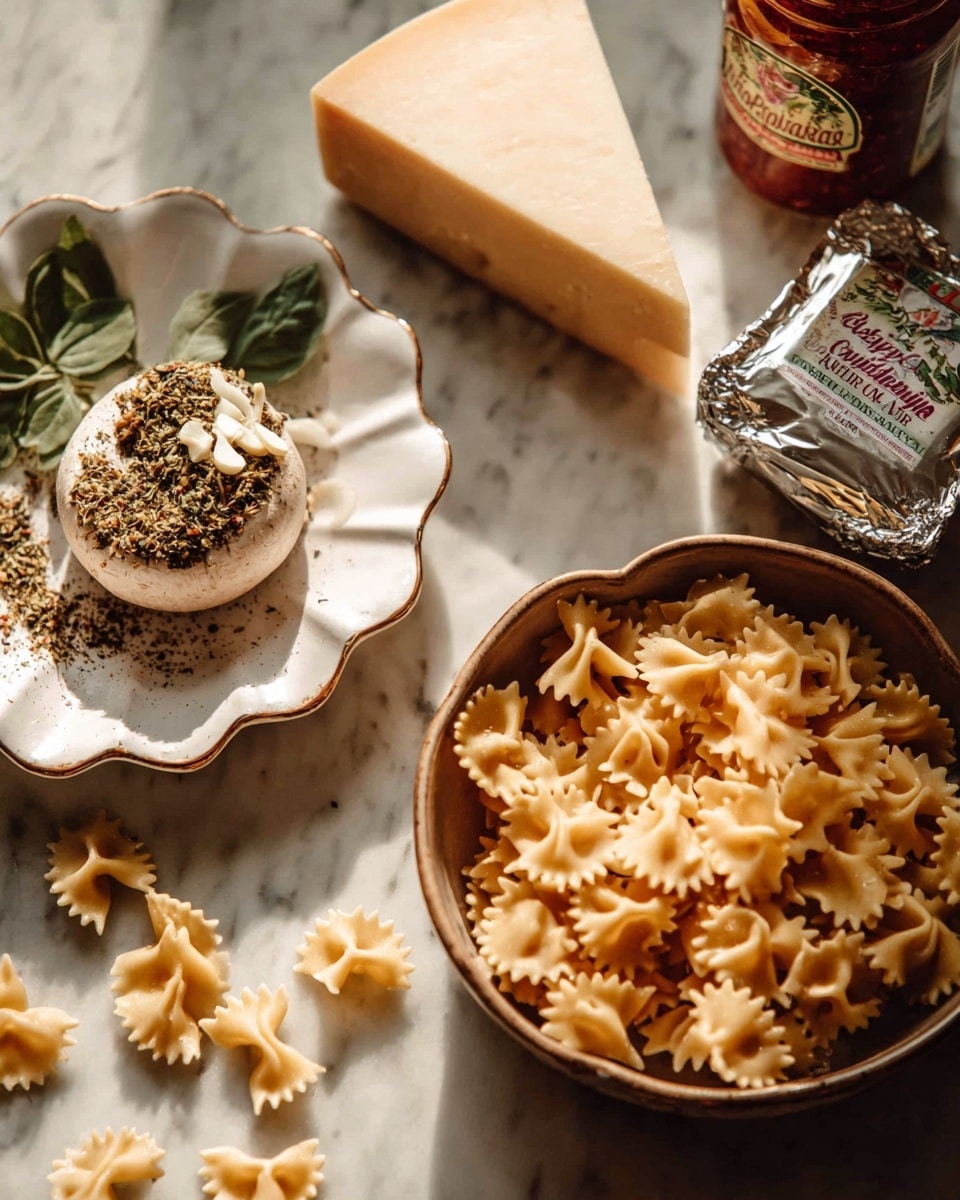 The image shows raw, ruffled edge pasta pieces in a brown bowl on the right side, with some pasta scattered on a white marbled surface. To the left, there is a white scalloped dish with a mix of dried herbs and spices spread out and a mushroom cap filled with thinly sliced garlic on top of the herbs. Behind this dish is a white scalloped plate holding a wedge of hard cheese with visible rind and a few green leaves. In the background, a jar of tomato paste and a partially wrapped foil package of cheese sit slightly out of focus. The scene is lit softly with warm light, highlighting the textures and colors of the ingredients photo taken with an iphone --ar 4:5 --v 7
