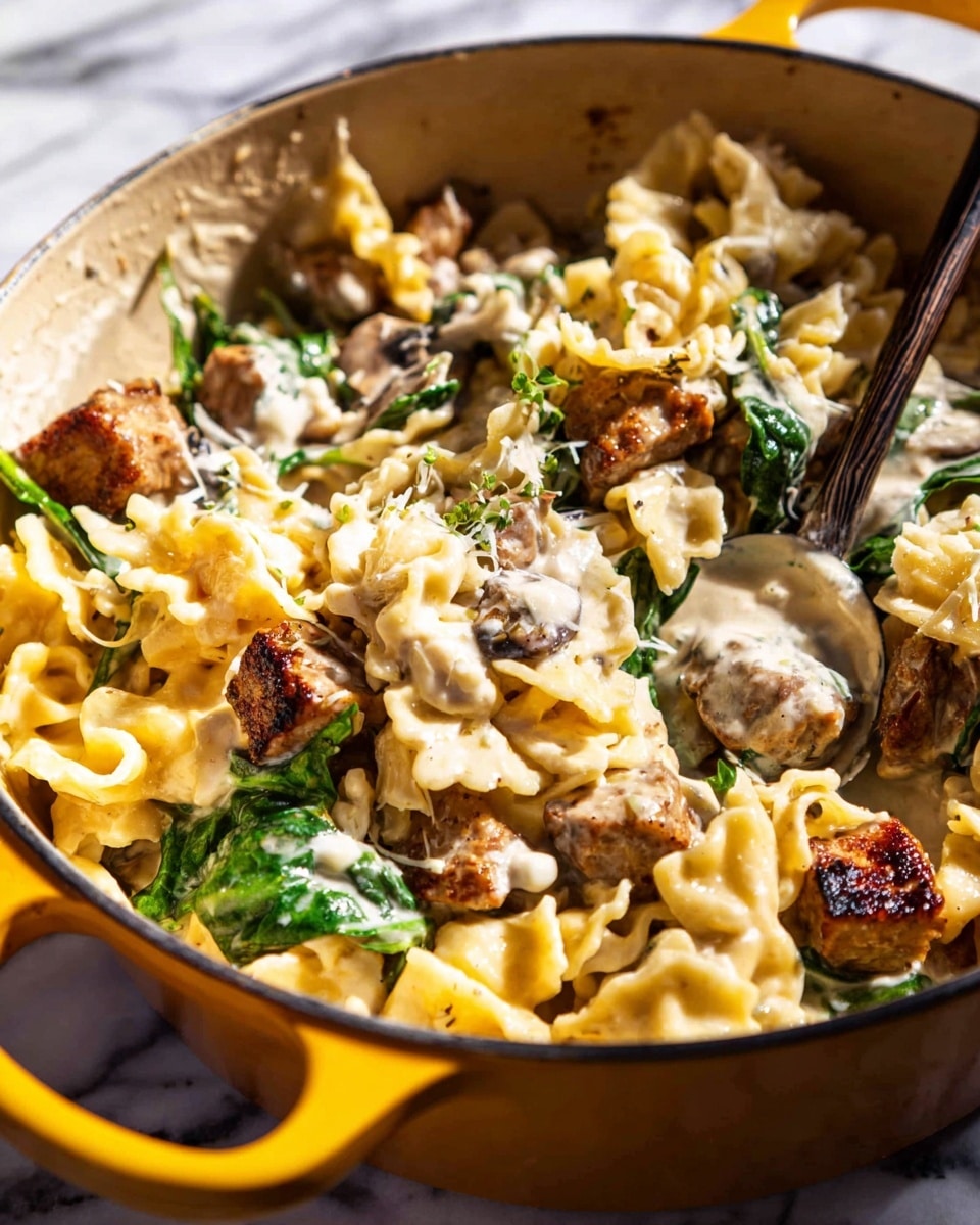 A close-up of a yellow pot filled with a creamy pasta dish. The pasta has wide, ruffled edges and is covered in a thick, light cream sauce. There are several chunks of browned cooked meat mixed throughout, adding a golden-brown color contrast. Bright green spinach leaves are scattered around, adding freshness and color. The dish is being stirred with a spoon inside the pot, and the background is a white marbled surface. photo taken with an iphone --ar 4:5 --v 7