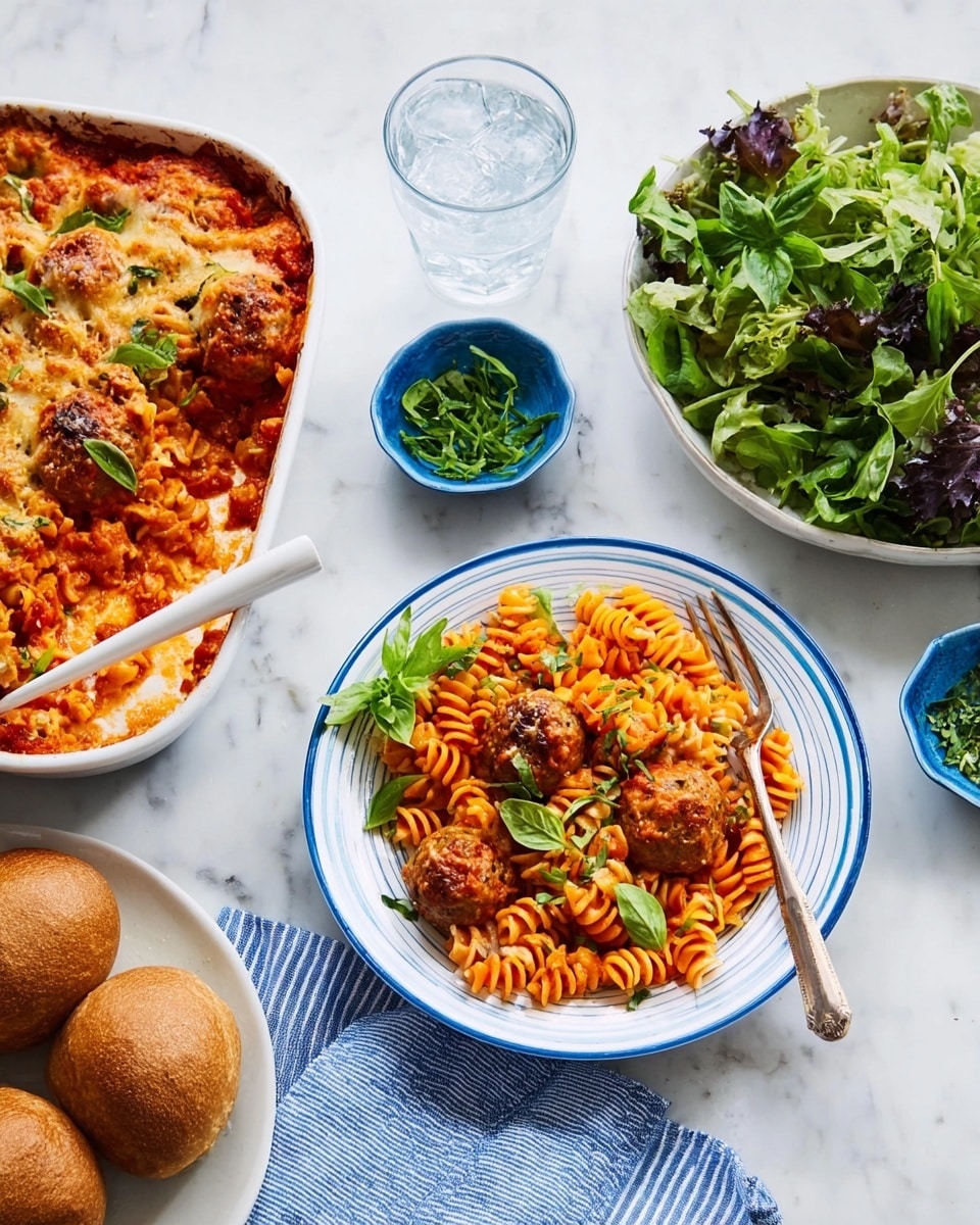 A white bowl with a blue rim holds a single layer of spiral pasta mixed with tomato sauce and round meatballs, topped with fresh green basil leaves and finely chopped parsley. A fork with a white handle rests inside the bowl. Nearby, on a white marbled surface, there is a white baking dish filled with a baked pasta casserole featuring one layer of spiral pasta, meatballs, melted cheese, and basil leaves on top. To the side, a white plate contains two brown bread rolls. A round white plate with a blue rim contains mixed green salad leaves. Two small blue bowls hold fresh green herbs, and a glass of water with ice cubes sits next to a blue-striped cloth napkin. photo taken with an iphone --ar 4:5 --v 7