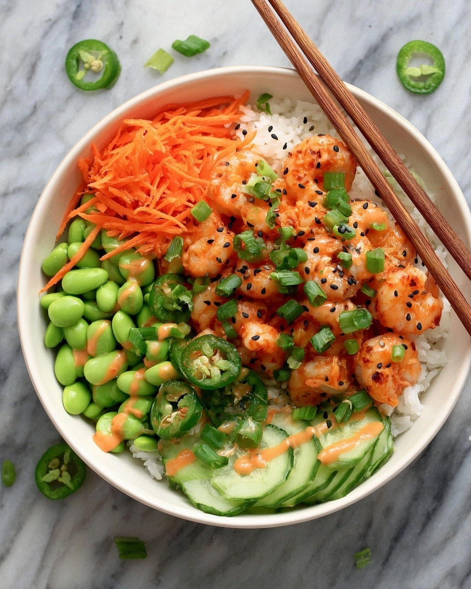 A white bowl filled with a base layer of white rice topped with neatly arranged sections: bright orange shredded carrots on the left, fresh green edamame beans at the bottom, thinly sliced light green cucumber drizzled with a light orange sauce on the right, and dark green sliced jalapeños above the cucumber. In the center, a pile of cooked shrimp coated with a reddish-orange sauce garnished with chopped green onions and black and white sesame seeds. A pair of wooden chopsticks rests across the top of the bowl on a white marbled surface. Photo taken with an iphone --ar 4:5 --v 7