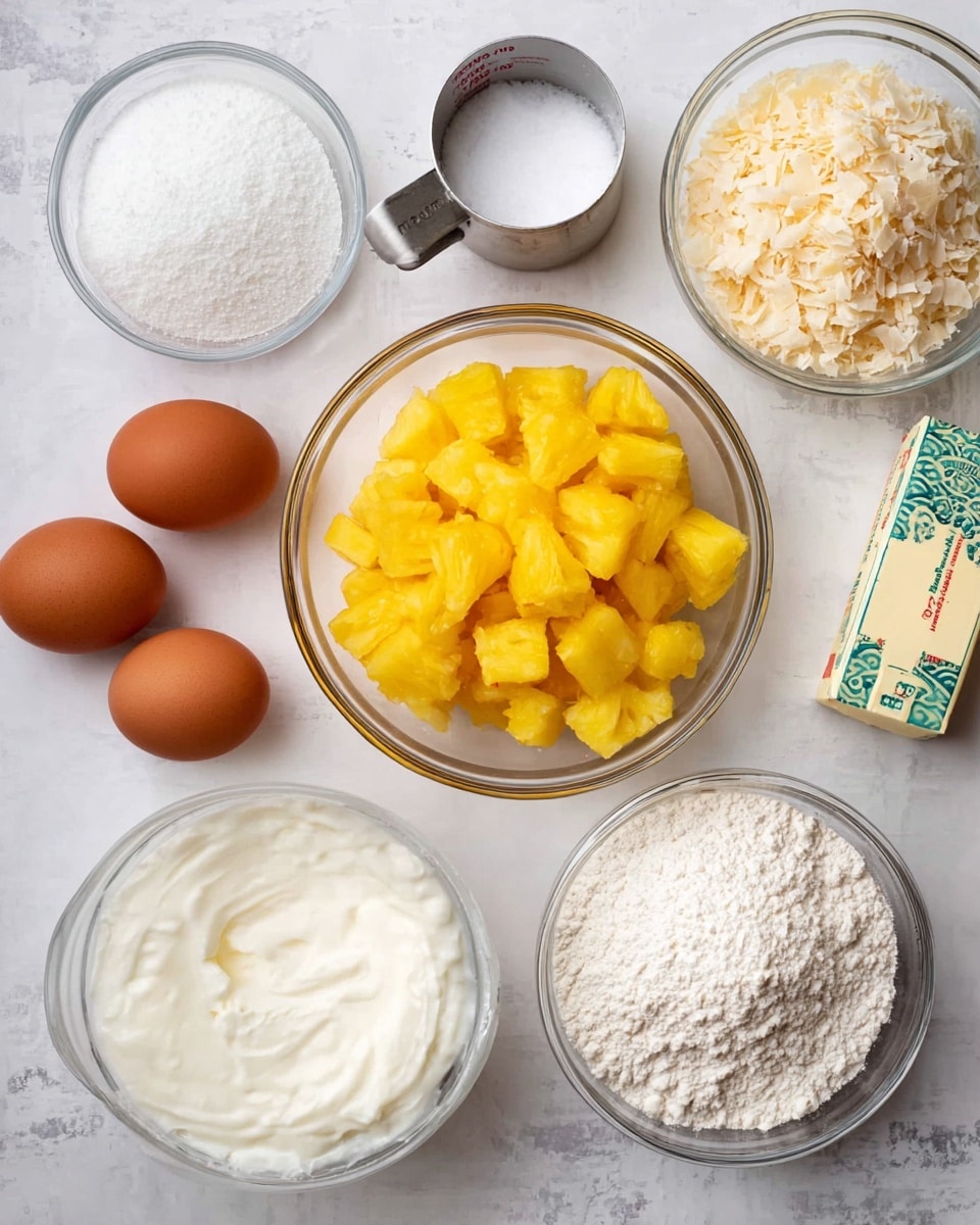 The image shows a top view of various baking ingredients arranged neatly on a white marbled surface. There is one large clear glass bowl filled with small, bright yellow pineapple chunks placed near the center. Surrounding it are other clear glass bowls holding white sugar, toasted coconut flakes, white flour, and small amounts of salt and baking powder. A metal measuring cup contains a thick, white creamy ingredient, possibly yogurt or sour cream. Three brown eggs and a stick of butter in its wrapper are also placed on the surface, adding warm brown and pale yellow tones. The overall setup looks clean and organized, ready for baking. photo taken with an iphone --ar 4:5 --v 7
