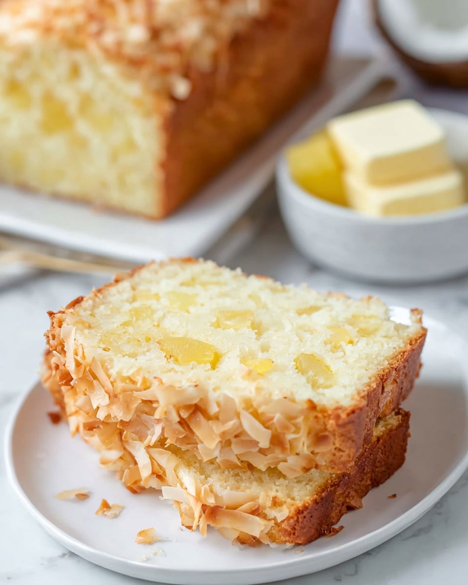 Two slices of light yellow coconut bread are stacked on a white plate. The bread has a soft texture with small chunks inside, likely pineapple, and the edges are covered with toasted coconut flakes that are golden brown and slightly crispy. In the background on a white marbled surface, a loaf of the same bread sits on a plate with two small cubes of butter nearby. A white bowl with more pineapple chunks is partially visible on the side. The photo taken with an iphone --ar 4:5 --v 7