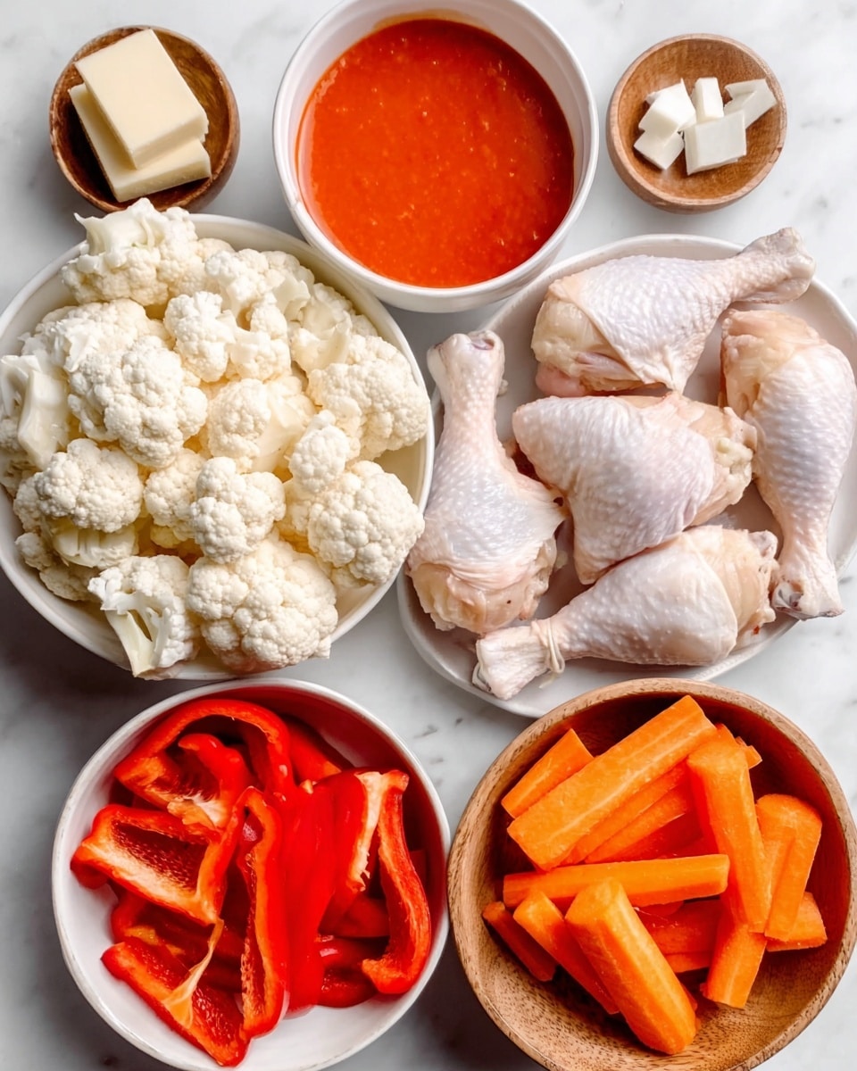 The image shows several white bowls and small wooden bowls arranged on a white marbled surface. One large white bowl is filled with separated white cauliflower florets at the bottom center. To the right, a white plate holds raw chicken drumsticks with visible skin texture. Above that, a deep white bowl contains bright red tomato sauce with a smooth surface. Toward the left, there is a white bowl with sliced bright red bell peppers arranged neatly, and in front of it, another white bowl with cut orange carrot sticks. Small wooden bowls hold coarse salt and butter cubes placed near the top left. The colors are vibrant and natural, with the ingredients clearly separated and easy to see. Photo taken with an iphone --ar 4:5 --v 7