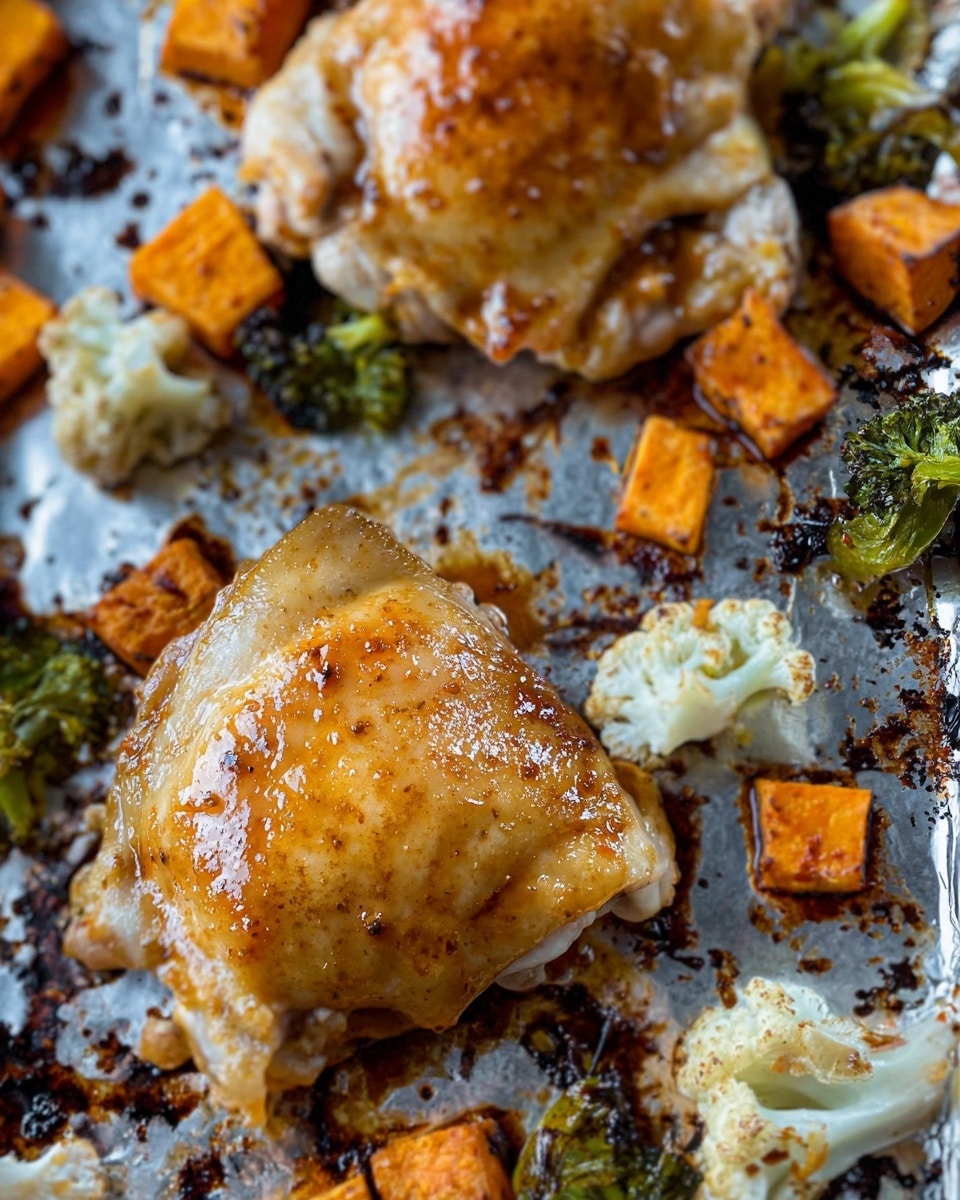 The image shows two pieces of cooked chicken thighs with a glossy, golden-brown surface, placed on a silver foil-lined baking sheet that has dark burnt spots and grease stains. Around the chicken, there are small roasted vegetable pieces, including orange sweet potato cubes, green broccoli florets, and white cauliflower florets with light browning on the edges. The background is a white marbled texture barely visible at the edges of the sheet. photo taken with an iphone --ar 4:5 --v 7