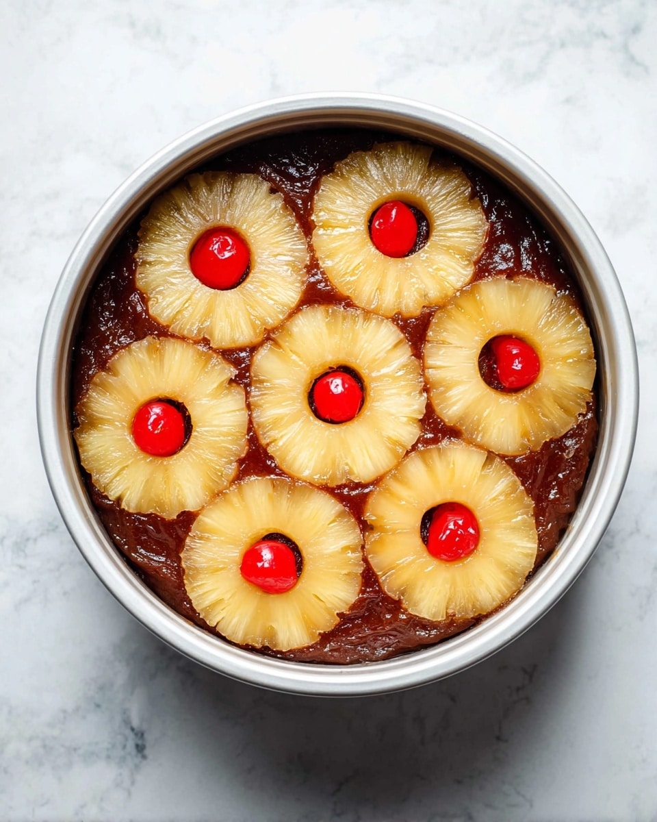 A round white baking pan holds a dessert with a dark brown base layer of thick sauce or batter. On top are seven pale yellow pineapple rings arranged in a flower shape, with one in the center and six around it. Each pineapple ring has a bright red cherry placed in its middle, adding a pop of color. The background surface is white with a marbled texture. photo taken with an iphone --ar 4:5 --v 7