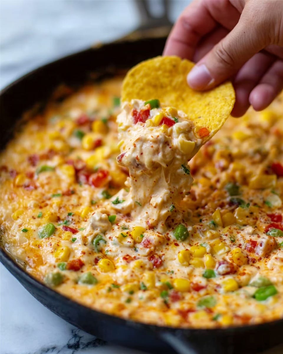 A close-up image shows a black pan filled with a creamy yellow dip containing corn, red peppers, green peas, and melted cheese. A woman's hand is lifting a yellow chip full of the cheesy mix from the pan, showing the thick, creamy texture with visible pieces of ingredients. The background is a white marbled texture. Photo taken with an iphone --ar 4:5 --v 7