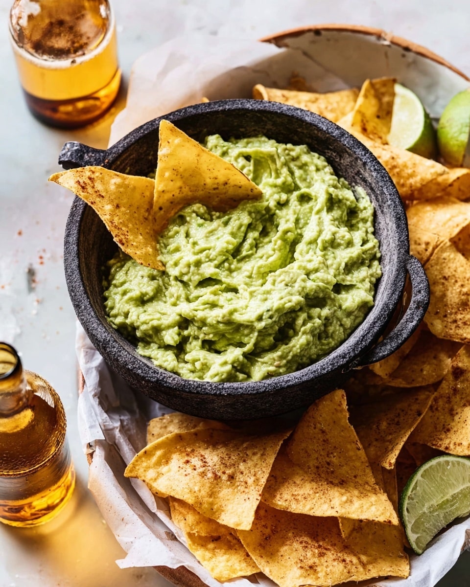 A black stone bowl filled with a creamy light green guacamole that has a slightly chunky texture, with two golden brown tortilla chips dipped in it. Next to the bowl, a white bowl lined with white parchment paper is overflowing with crispy, triangular, golden tortilla chips sprinkled with chili powder, accompanied by a lime wedge. The scene includes a light brown glass bottle with a golden liquid and an open cap near the bowl, all placed on a white marbled surface. photo taken with an iphone --ar 4:5 --v 7