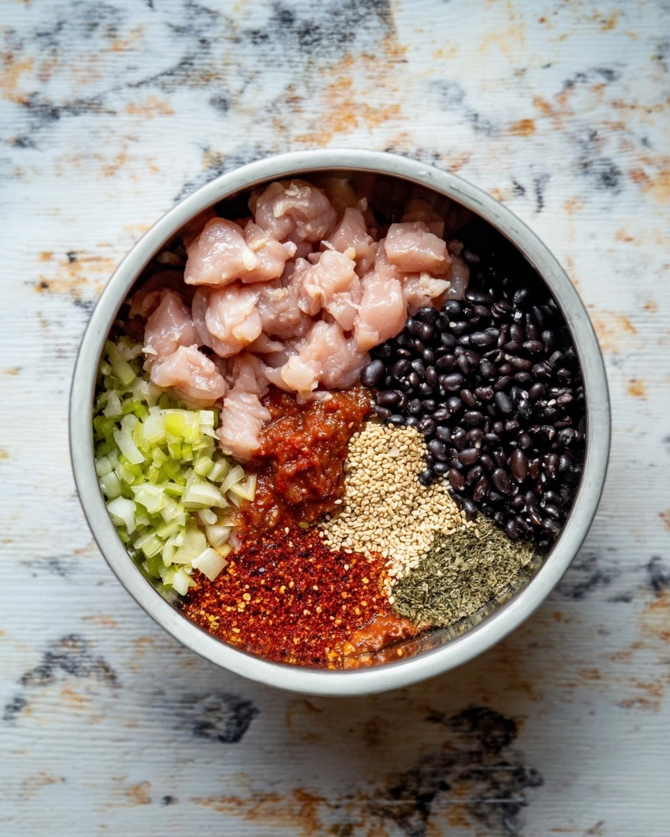 A white bowl on a white marbled surface shows six different ingredients placed separately inside. In the upper part, there are light pink chunks of raw chicken. To the right, black beans fill a section. Below them, a small pile of sesame seeds is next to a mix of red sauce and spices in the bottom left part. Near the upper left side, there are chopped light green vegetables. Everything is arranged clearly in sections, showing different colors and textures in the bowl. Photo taken with an iphone --ar 4:5 --v 7