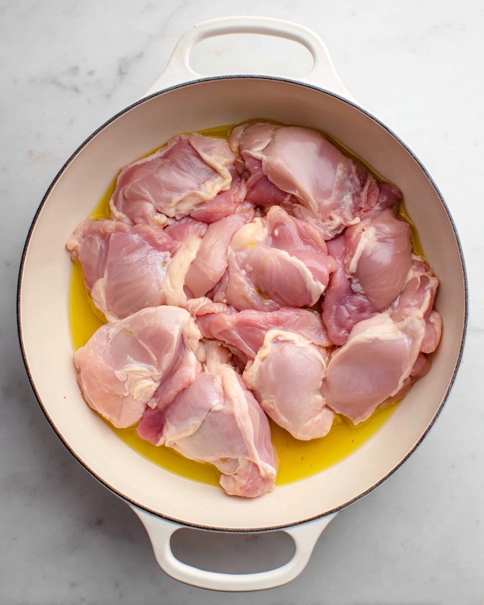 A white round pan with two handles holds several pieces of raw pink chicken thighs with pale yellow fat attached. The chicken pieces are arranged slightly overlapping each other in one layer, soaking a little in a pool of yellow oil that spreads across the bottom right side of the pan. The pan sits on a white marbled surface. photo taken with an iphone --ar 4:5 --v 7