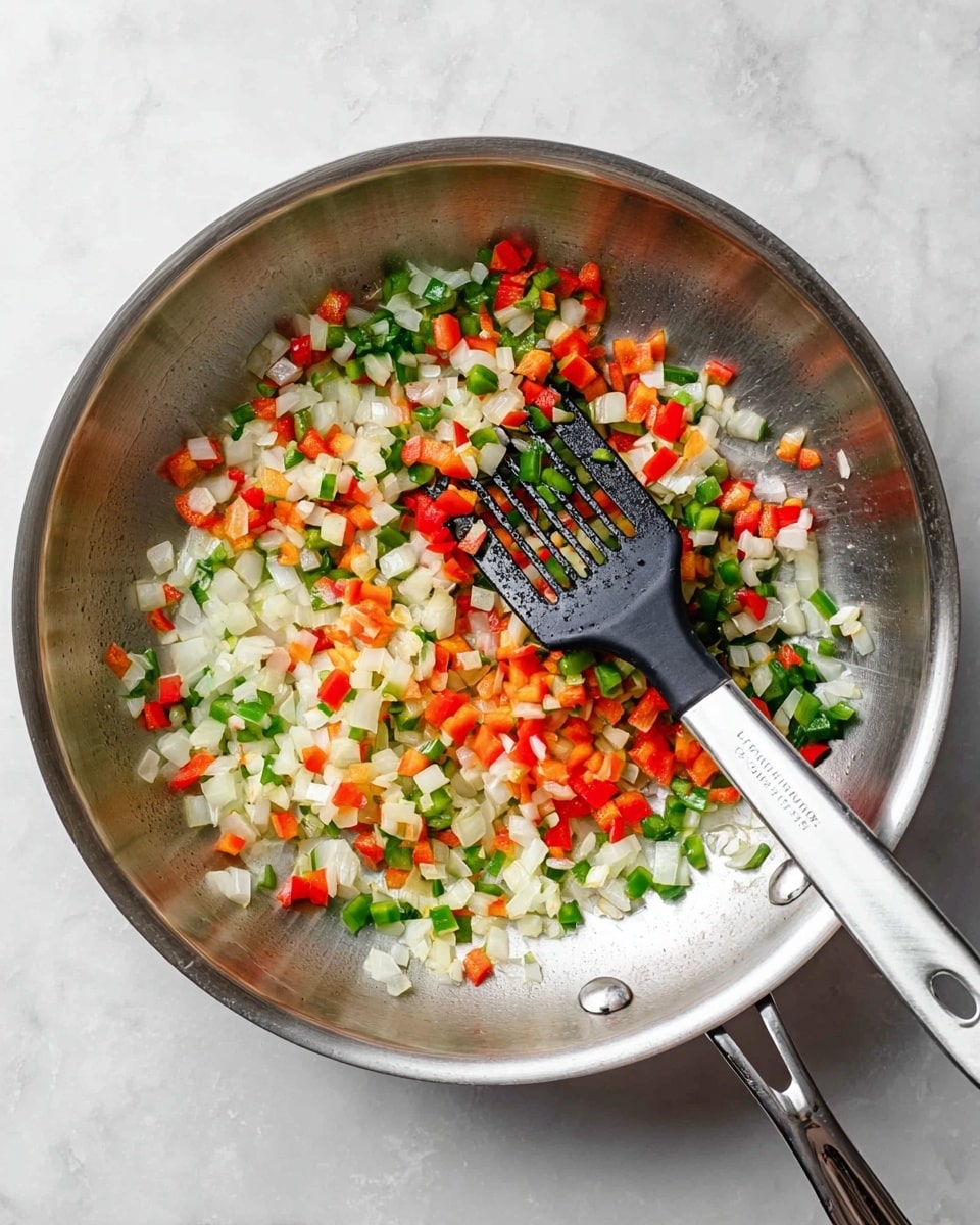 A stainless steel pan shows a mix of finely chopped vegetables including white onions, red bell peppers, and green peppers, lightly cooked and spread evenly across the bottom. A black spatula with a silver handle is placed inside the pan on the right side, stirring the colorful diced vegetables. The pan sits on a white marbled surface with soft natural light highlighting the fresh textures and colors. photo taken with an iphone --ar 4:5 --v 7