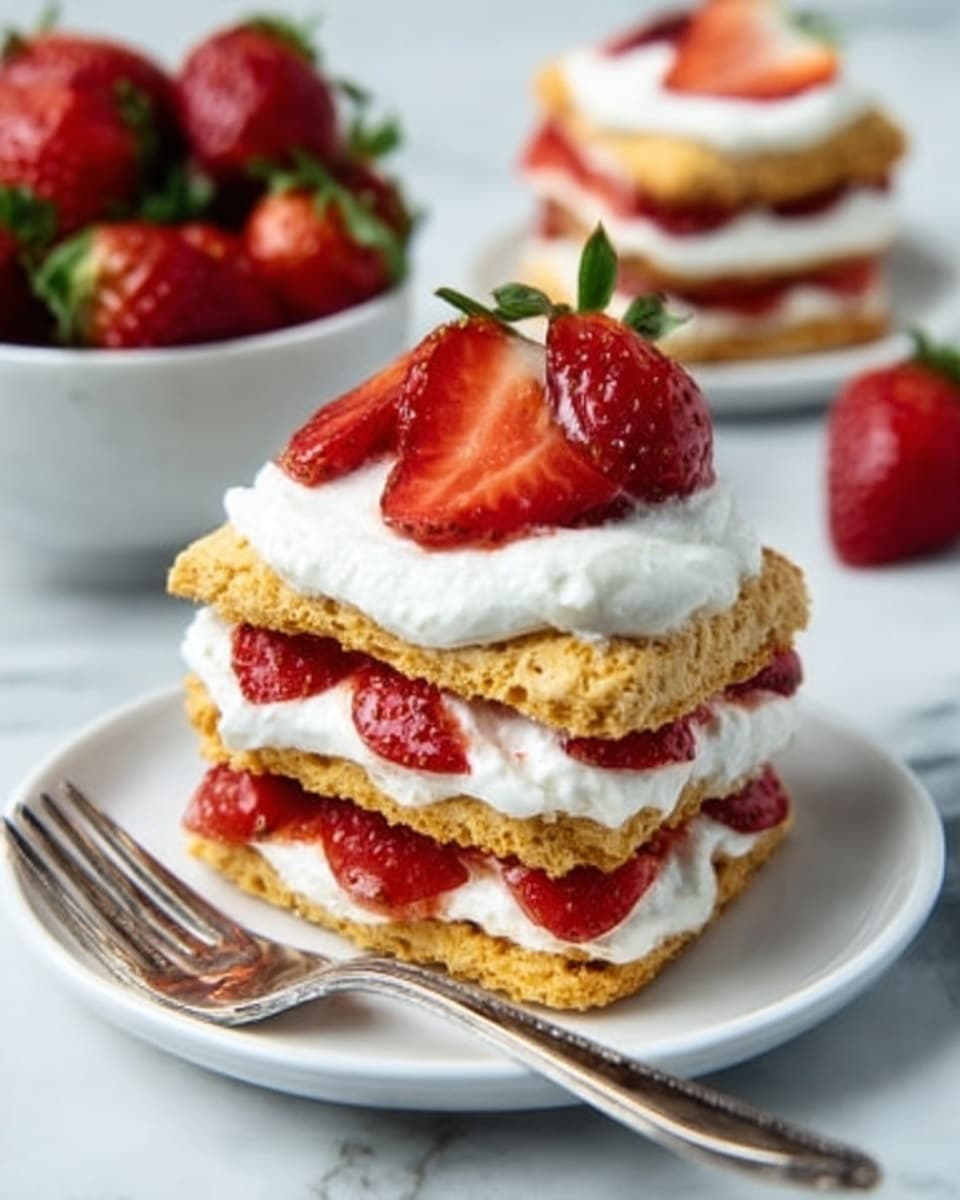 The image shows a dessert with three layers, each made of a golden biscuit. Between the biscuit layers, there is white cream and bright red sliced strawberries, with more cream and strawberries on top. The dessert is on a white plate, placed on a white marbled surface. A silver fork is next to the plate, and in the background, there is a bowl filled with strawberries. The photo taken with an iphone --ar 4:5 --v 7