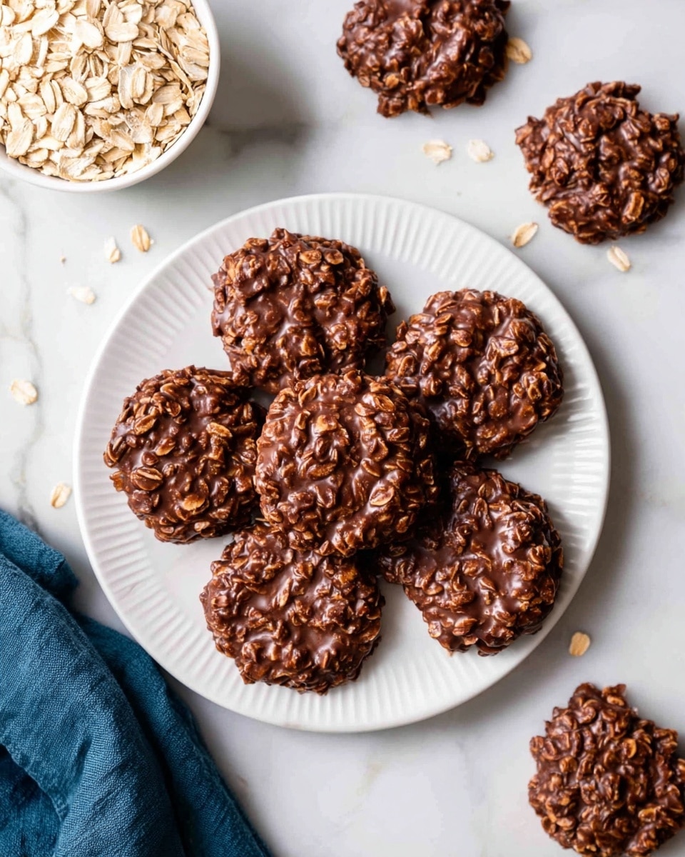 A white round plate with raised dot and ridge details around the edge holds six chocolate oat no-bake cookies arranged in a circle with one cookie in the center. The cookies look chunky and rough-textured, with visible oats mixed in a shiny, thick dark brown chocolate layer. Around the plate on a white marble surface, there are a few more cookies scattered and a small white bowl filled with dry oats. A piece of dark blue cloth is partially visible under the plate on the left side. Photo taken with an iphone --ar 4:5 --v 7