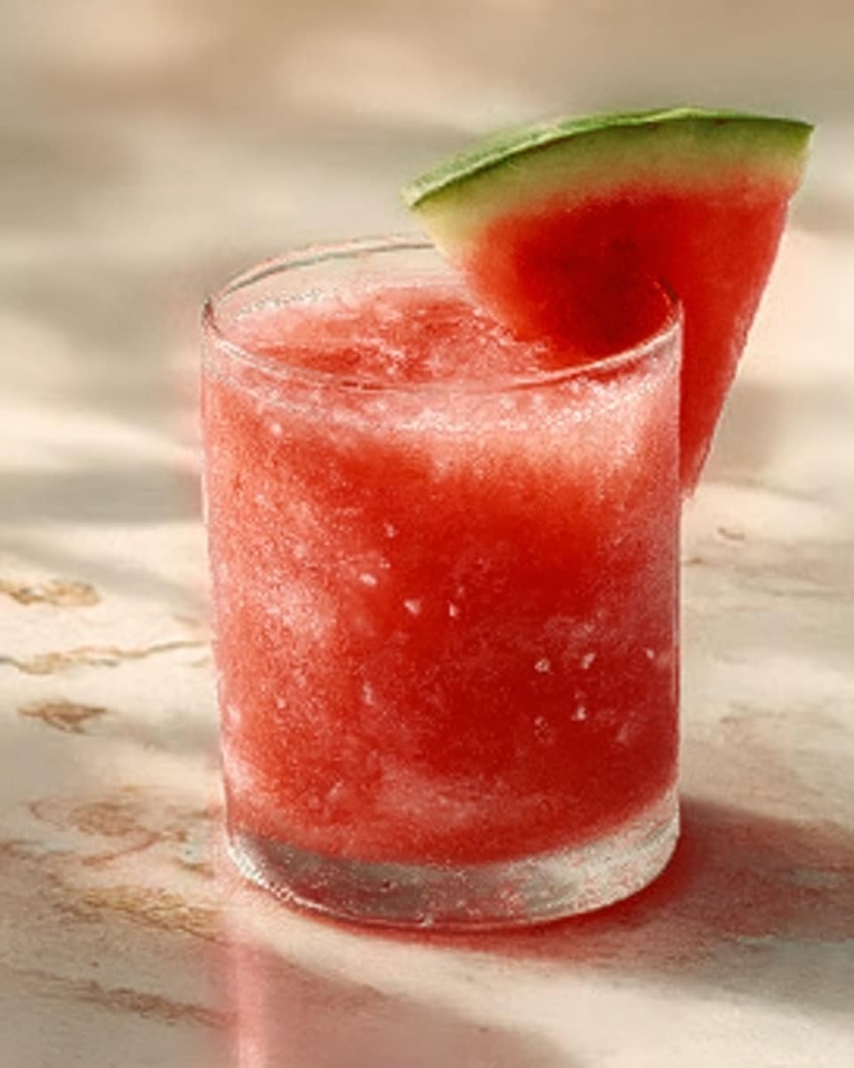 The image shows three clear glasses filled with a red fruit drink that has small seeds and ice cubes inside. Each glass is topped with two green grapes and a fresh green mint leaf. The glasses sit on a simple wooden board with scattered green grapes, ice cubes, and pieces of red watermelon around them. The background is a white marbled surface, bright and clean. The scene looks fresh and colorful, perfect for a summer drink photo taken with an iphone --ar 4:5 --v 7