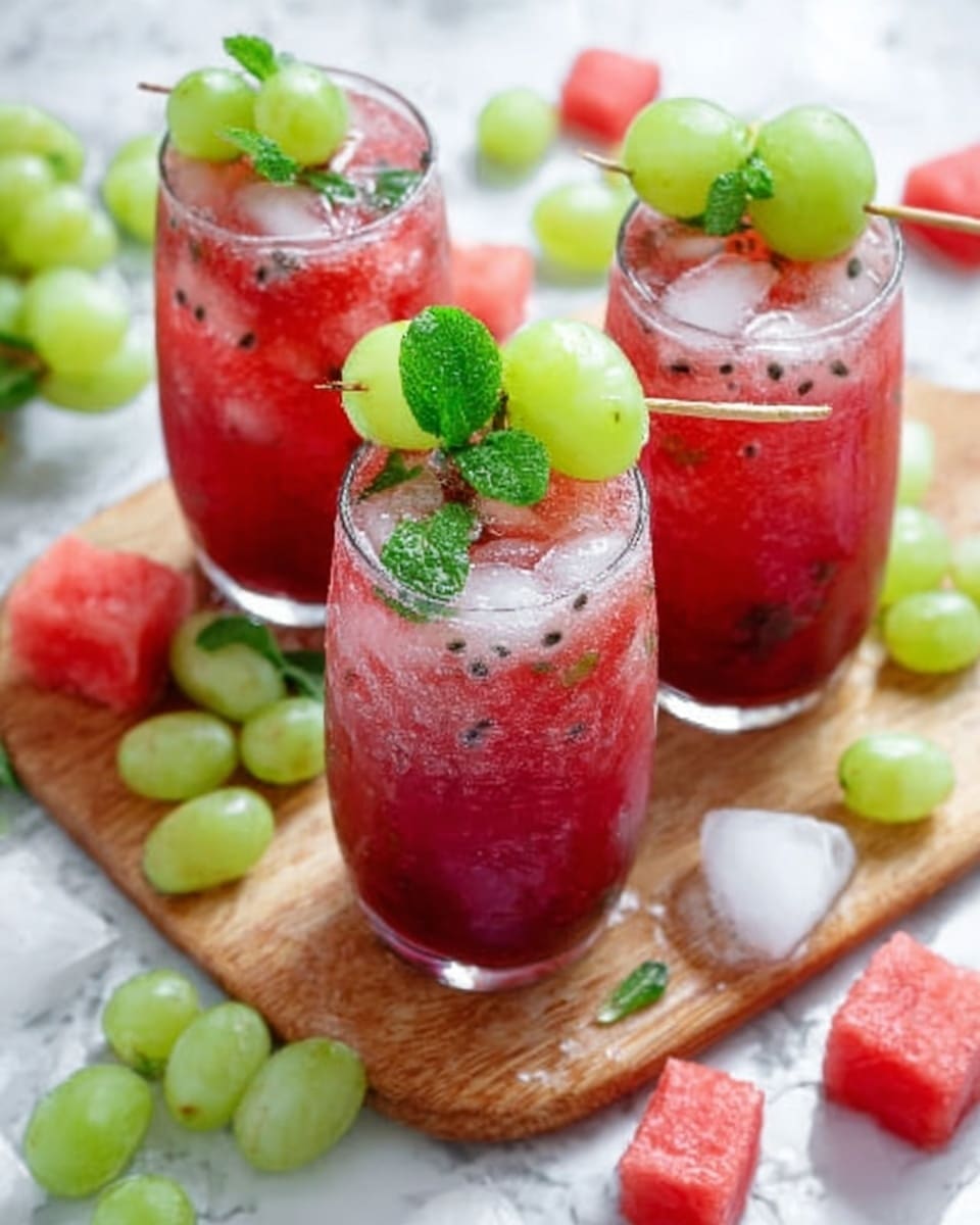 A clear glass filled with a pinkish-red frozen drink that has small ice crystals visible inside, showing a slightly rough texture. A thin slice of watermelon with a green rind and red flesh is placed on the rim of the glass. The background and surface show a white marbled texture with soft lighting. Photo taken with an iphone --ar 4:5 --v 7