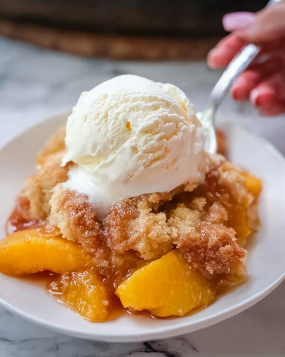 A white plate holds a warm peach cobbler with a golden-brown crust and soft, juicy peach slices layered underneath. On top of the cobbler sits a large scoop of creamy white vanilla ice cream, slightly melting and spreading over the warm dessert. In the background, a woman's hand is holding a silver spoon, ready to dig in. The plate rests on a white marbled surface. photo taken with an iphone --ar 4:5 --v 7