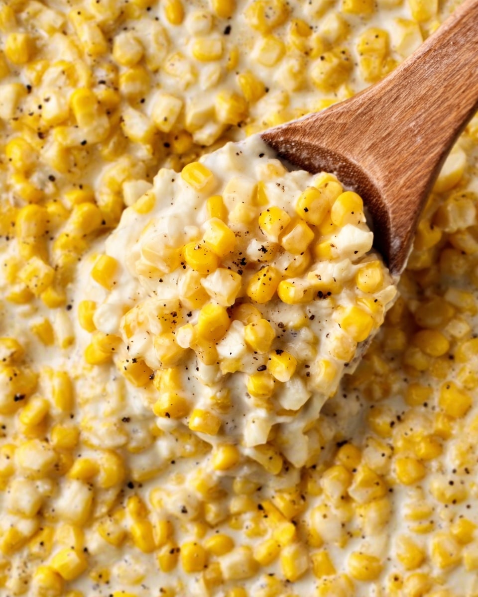 The image shows a close-up of creamy corn inside a white dish with rounded edges. The dish is filled with bright yellow corn kernels mixed with a smooth, light yellow creamy sauce. Small bits of herbs are sprinkled evenly throughout the dish, adding tiny green spots for contrast. A silver spoon is scooping some corn from the dish, its shiny surface reflecting light. The background is a white marbled texture, making the colors of the corn stand out more. photo taken with an iphone --ar 4:5 --v 7