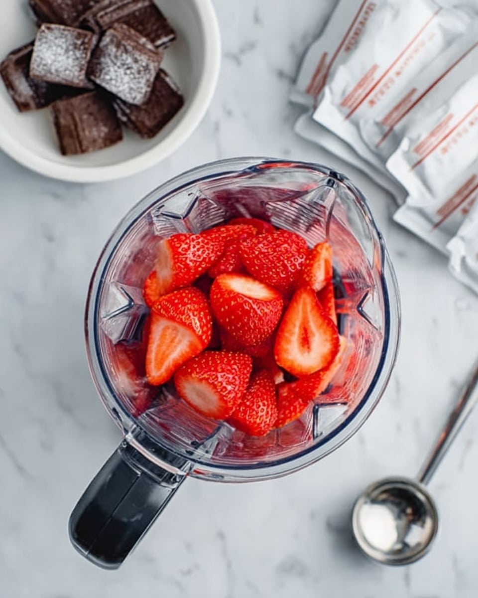 A clear blender jar filled with bright red sliced strawberries arranged on top in one visible layer, showing the glossy, fresh texture of the fruit. The blender has a black handle, and it sits on a white marbled surface. To the top left, there is a white bowl containing dark brown, irregular pieces wrapped partially in white paper. To the right, there are several white packets stacked together and a silver measuring spoon near the blender. The scene is bright and clean. photo taken with an iphone --ar 4:5 --v 7