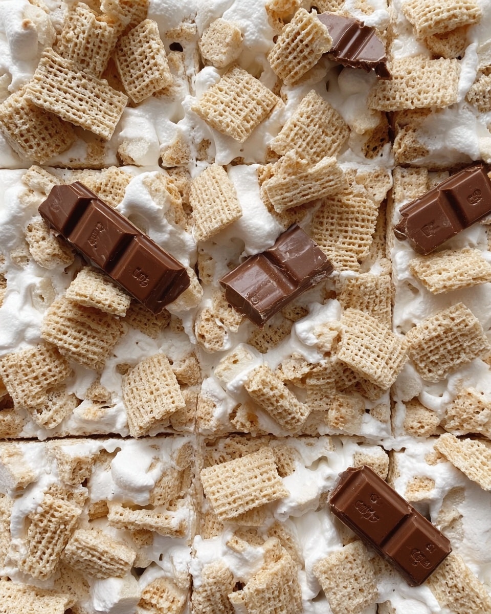 The image shows a close-up view of a mixture spread out flat, consisting of three main layers. The first layer is a white, fluffy, textured marshmallow base, covering the entire image. The second layer is scattered crispy, square cereal pieces that are light brown in color with a wafer texture, evenly spread on top of the marshmallows. The third layer includes rectangular blocks of milk chocolate, placed intermittently and partially nestled into the marshmallows and cereal, with a smooth surface and slightly melted edges. The background is a white marbled texture. Photo taken with an iphone --ar 4:5 --v 7