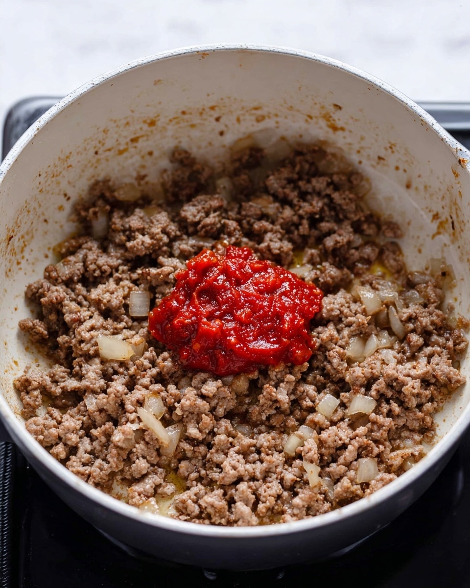 Inside a white pot, there is a single layer of cooked ground meat mixed with small, translucent pieces of onion, spread evenly. On top in the center, there is a thick dollop of bright red tomato paste. The pot has a smooth, slightly stained inner surface with hints of oil around the meat. The pot sits on a black stovetop. The background is a white marbled texture. photo taken with an iphone --ar 4:5 --v 7