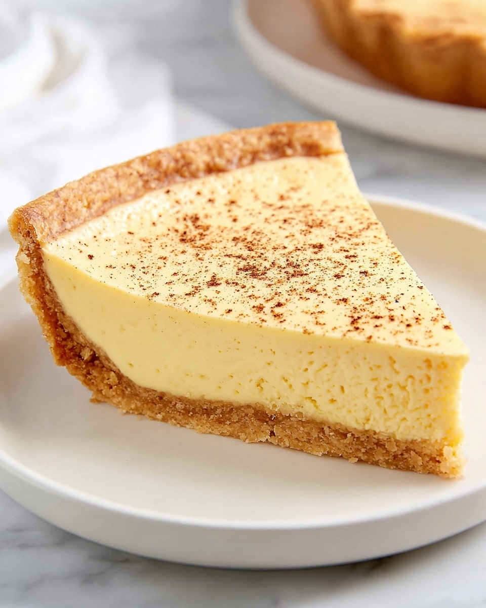 The image shows a single-layer custard pie in a clear glass pie dish, placed on a white marbled surface. The pie has a golden-yellow smooth filling with tiny specks of spice on top, creating a slightly textured look. The crust is a light golden brown, flaky, and crimped around the edges, forming a neat border. One slice is cut out, showing the creamy, dense filling inside, which has a smooth, firm texture that holds its shape well. In the background, there is a stack of white plates with a slightly blurred silver fork resting on top. Photo taken with an iphone --ar 4:5 --v 7