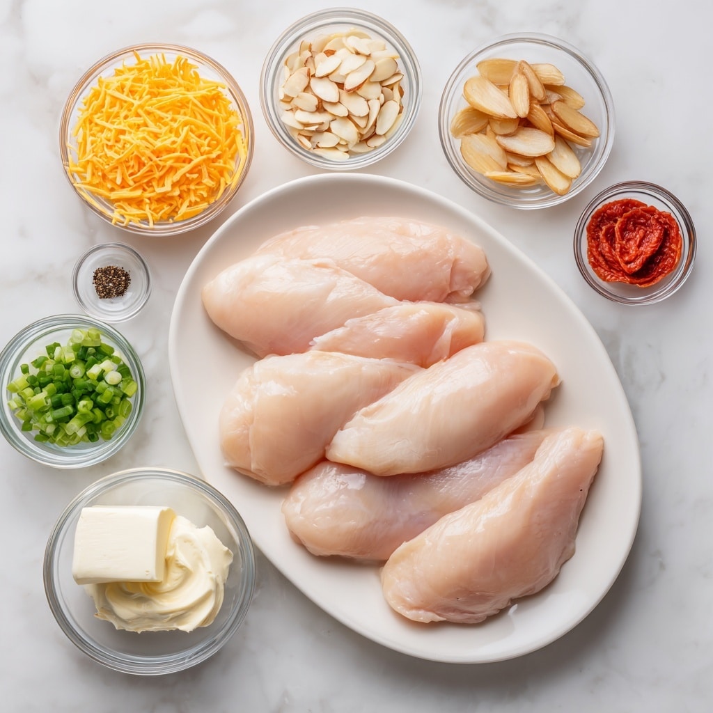 The image shows a white plate in the center with four raw chicken pieces, pale pink in color and smooth in texture. Around the plate, there are several clear glass bowls arranged in a semi-circle on a white marbled surface. Starting from the top left, there is a bowl filled with bright orange shredded cheddar cheese, next to it on the right is a bowl containing thin slices of light brown bacon. Below these, to the right, is another bowl with sliced green onions, then a bowl with light brown sliced almonds. On the bottom row, directly under the chicken, a bowl contains a soft white block of cream cheese next to a bowl with creamy pale yellow mayonnaise. Further to the right side, there are small clear bowls with black pepper, white salt, orange hot sauce, and light beige garlic powder, each having fine textures, all neatly arranged. Photo taken with an iphone --ar 4:5 --v 7