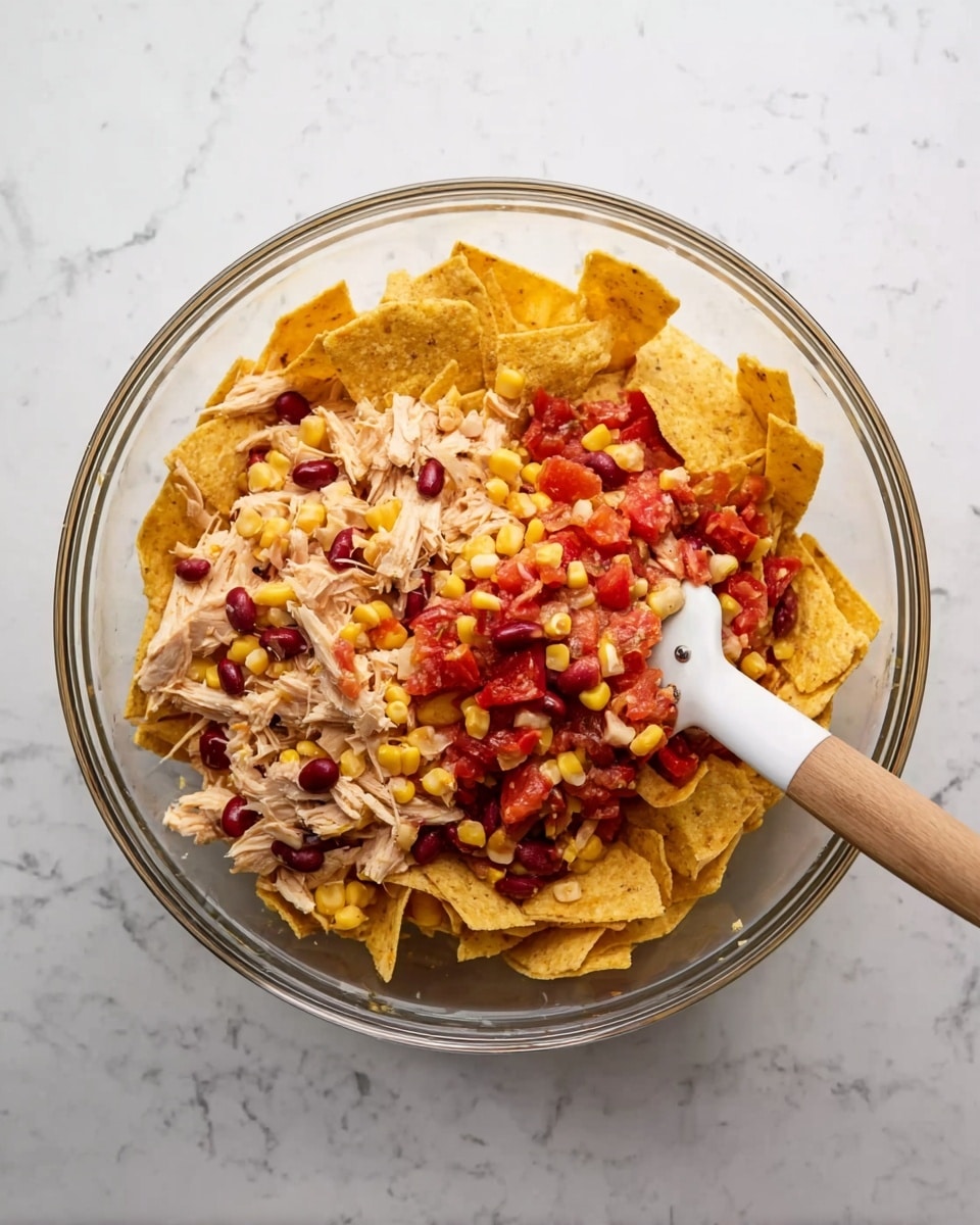 A clear glass bowl on a white marbled surface holds a layered nacho mix. The first layer is made of broken yellow corn tortilla chips spread unevenly at the bottom. On top of that, there is a mix of small red kidney beans, bright yellow corn kernels, chopped red tomatoes, and shredded light beige chicken pieces, creating a colorful and textured middle layer. A wooden spoon with a white handle and black grip rests on the edge of the bowl, partially stirring the contents. Photo taken with an iphone --ar 4:5 --v 7