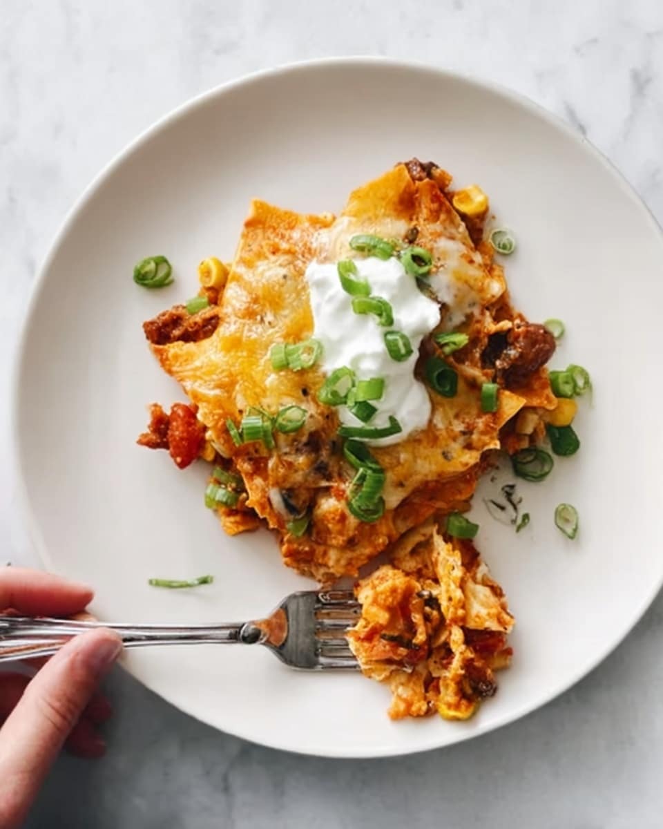 A white plate holds one serving of layered baked pasta with melted cheese on top, mixed with tomato sauce and small pieces of vegetables. The pasta layer is soft and orange-red from the sauce, covered by a golden layer of melted cheese that looks slightly crispy at the edges. There is a dollop of white sour cream on top, adding contrast to the warm colors. Green sliced scallions are sprinkled over the dish, adding a fresh look. A silver fork with a piece of the pasta is placed to the side on the plate, and a woman's hand is holding the fork. The plate rests on a white marbled surface. Photo taken with an iphone --ar 4:5 --v 7
